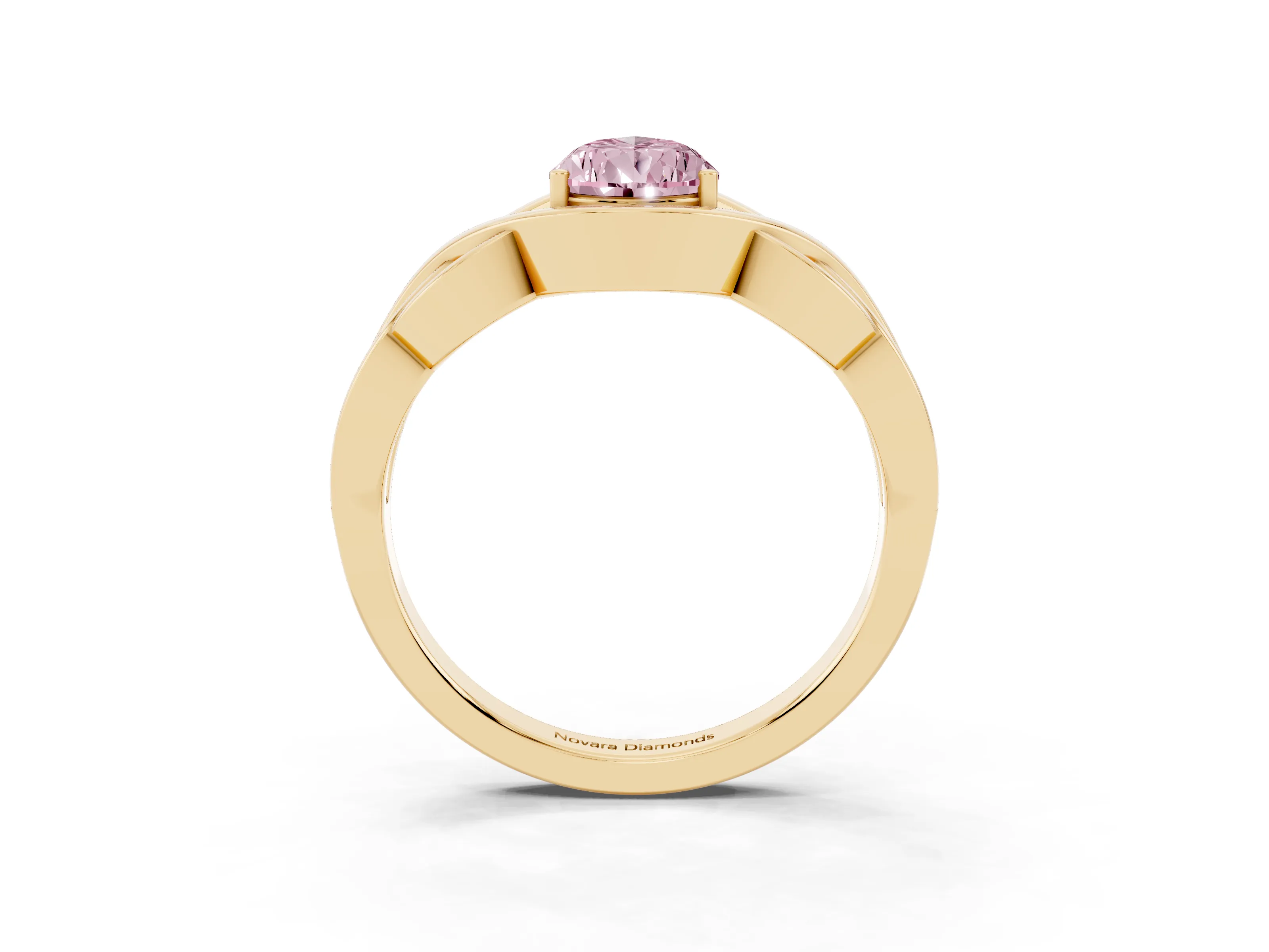 Fancy Pink Pear Cut Diamond Solitaire Ring Set in Yellow gold with Intertwined Band