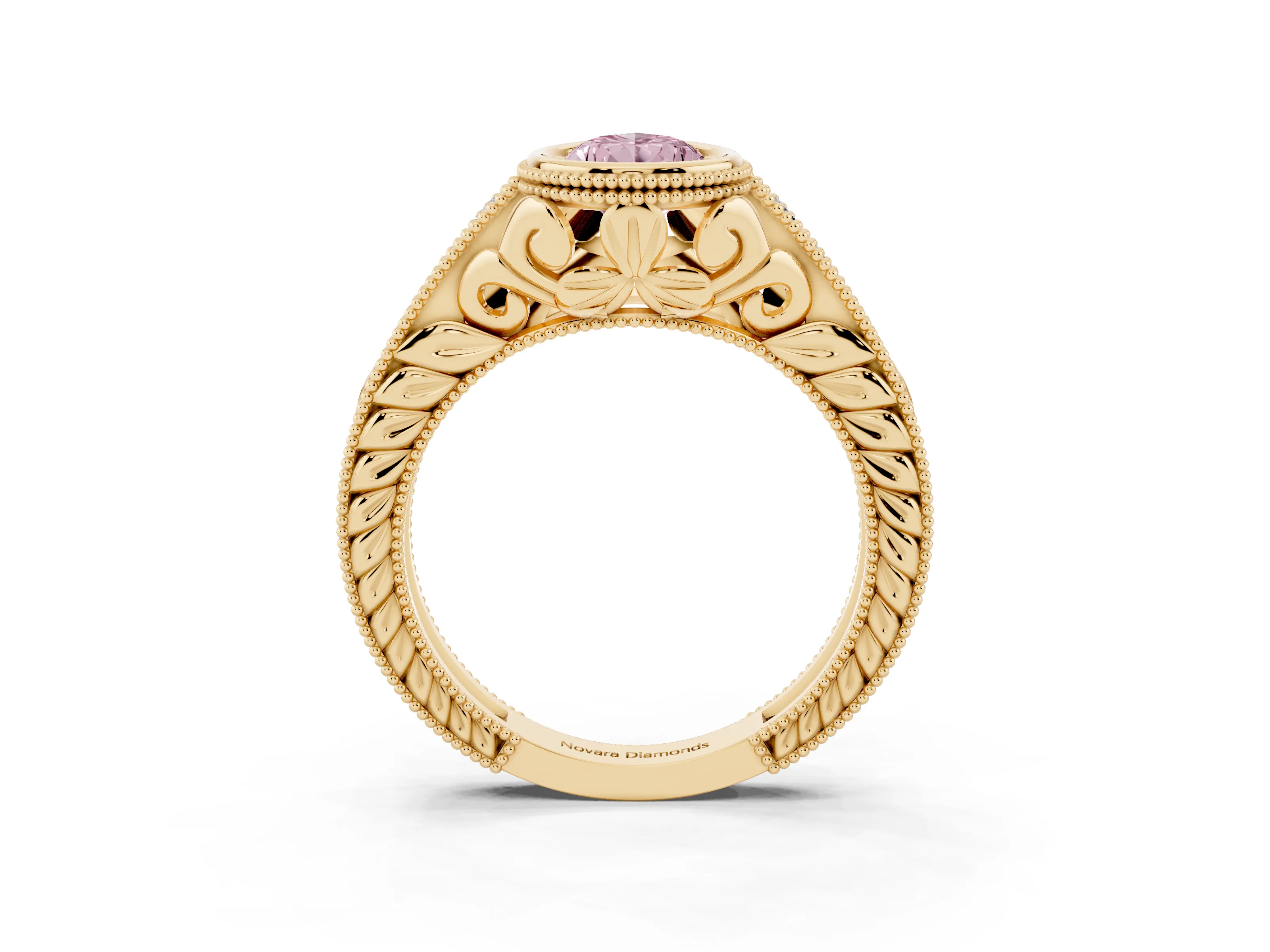 Fancy Pink Bezel Set Pear Cut Diamond Milgrain Pavé Engagement Ring Set in Yellow gold