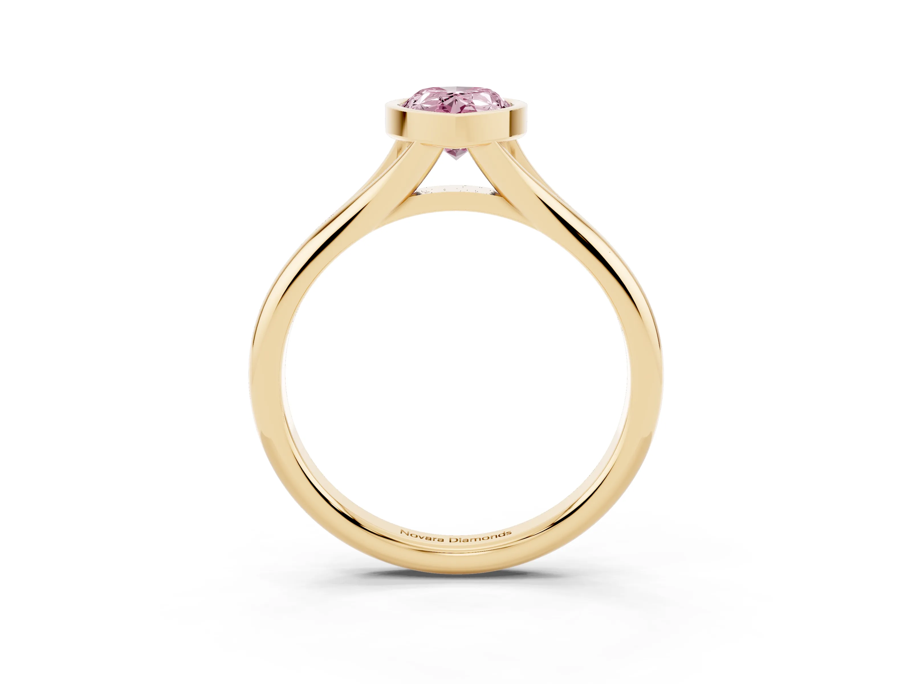 Fancy Pink Bezel Set Pear Cut Diamond Solitaire Ring Set in Yellow gold with Smooth Band