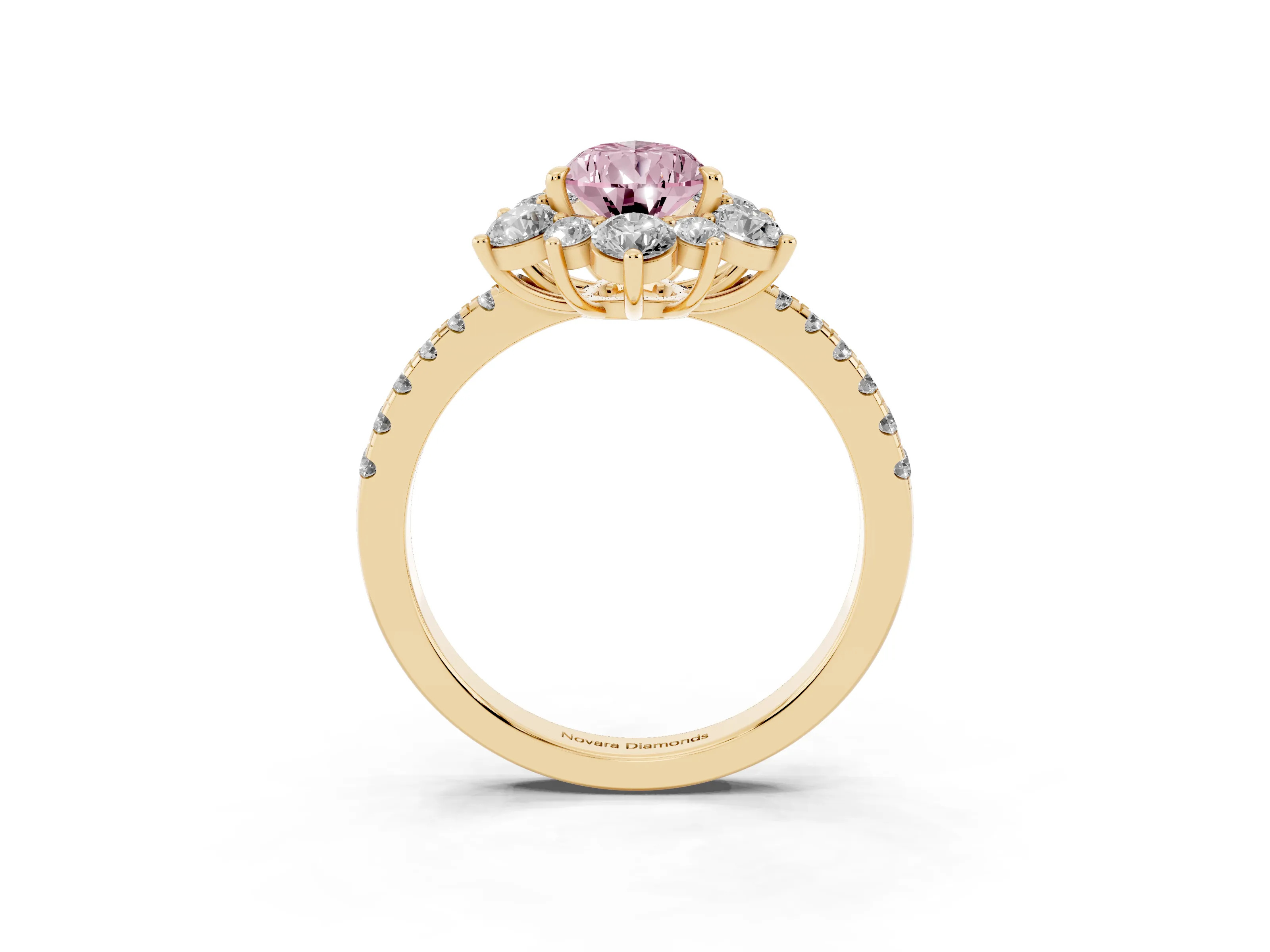 Fancy Pink Pear Cut Diamond Floral Halo Ring Set in Yellow gold with Round Pavé Band and Prong Setting