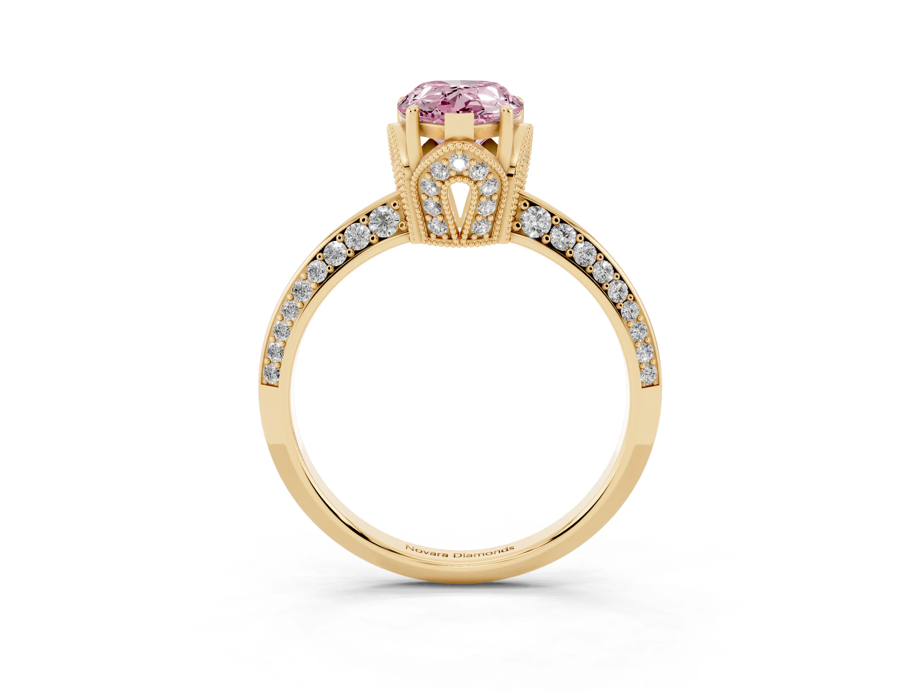 Fancy Pink Pear Cut Diamond Solitaire Engagement Ring Set in Yellow gold with Pavé Split Shank and Prong Setting