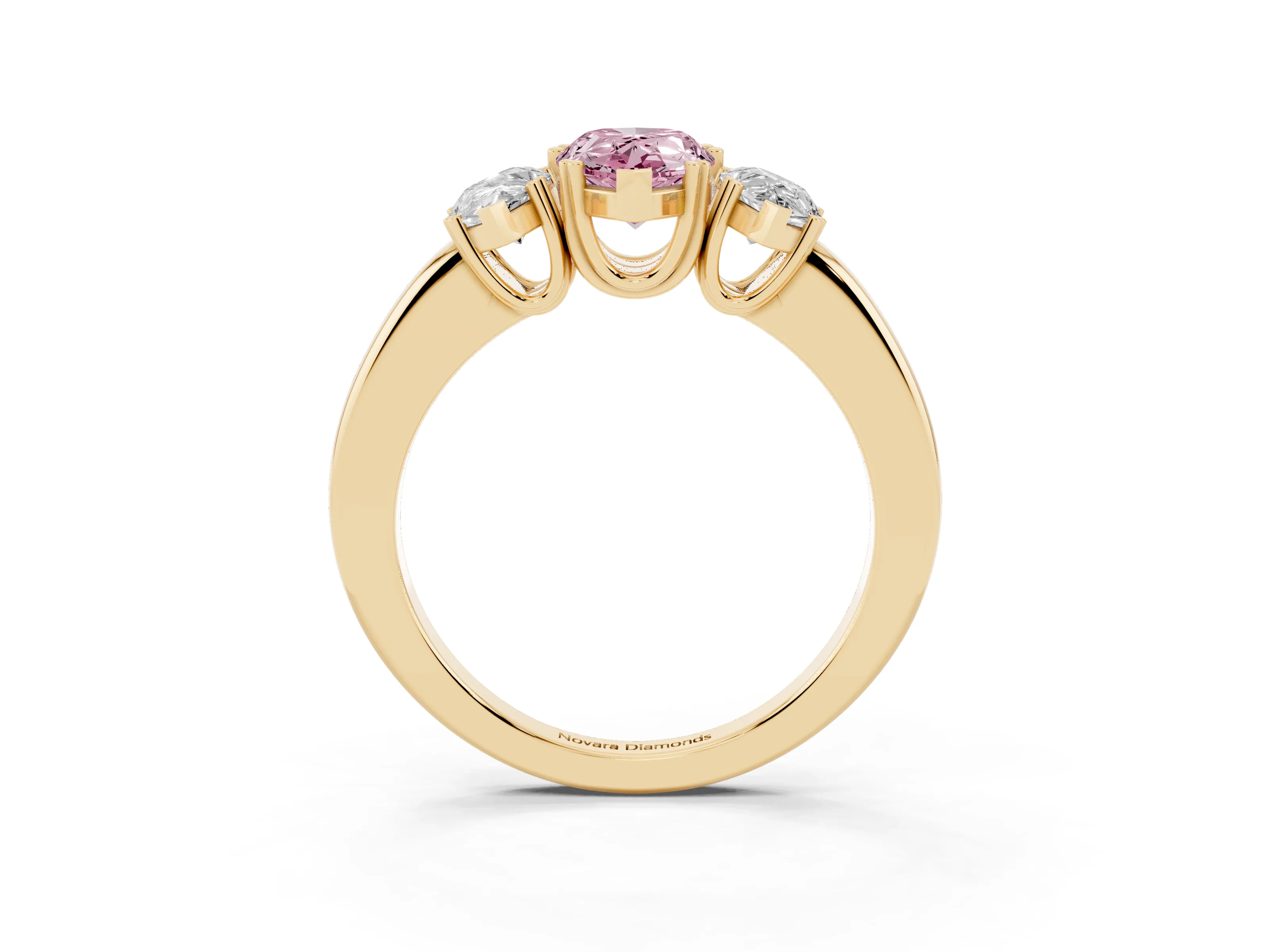 Fancy Pink Pear Cut Diamond Three-Stone Ring Set in Yellow gold with Polished Channel-Set Band