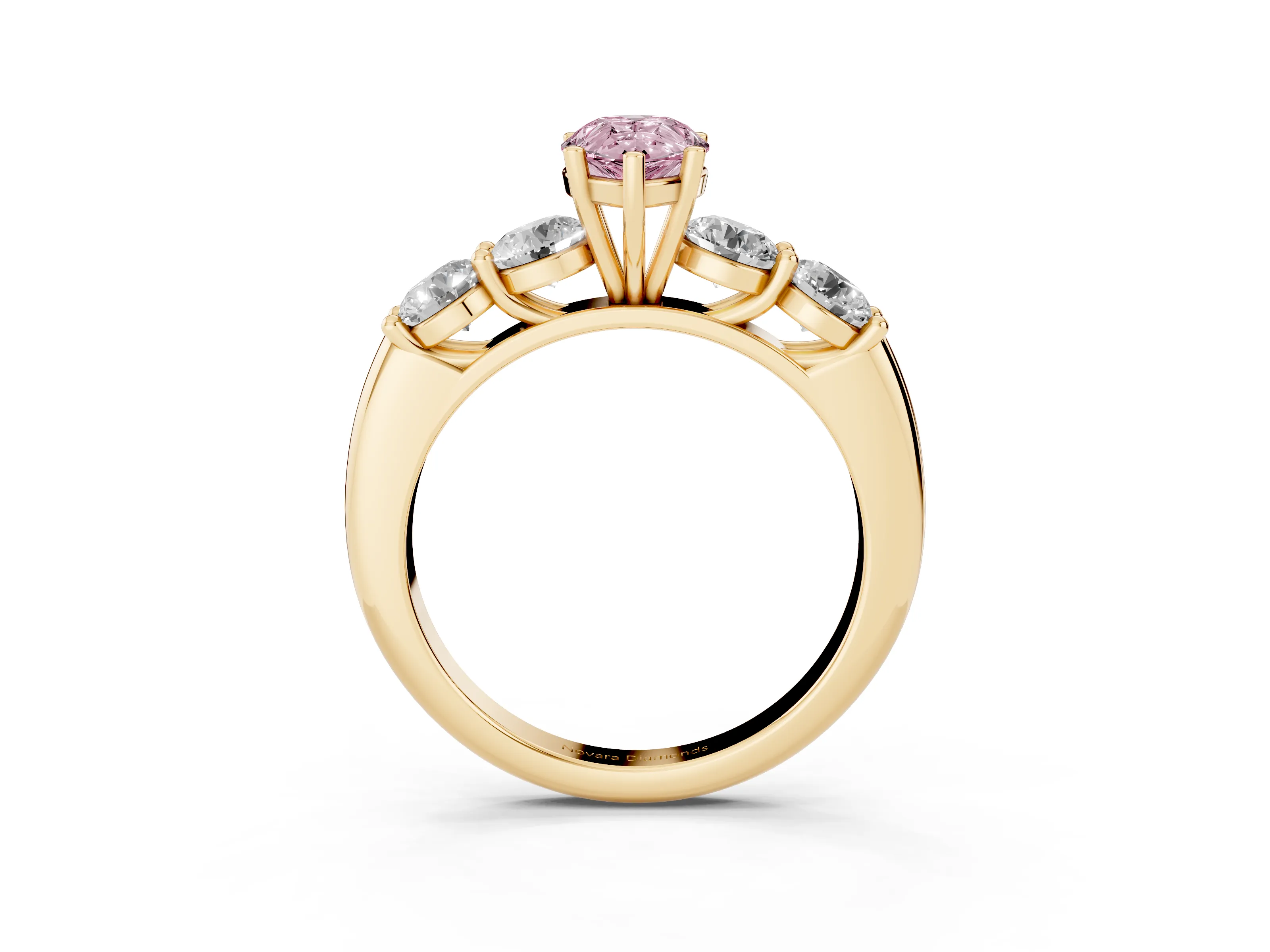 Fancy Pink Pear Cut Diamond Five-Stone Prong Set Ring Set in Yellow gold with Classic Band
