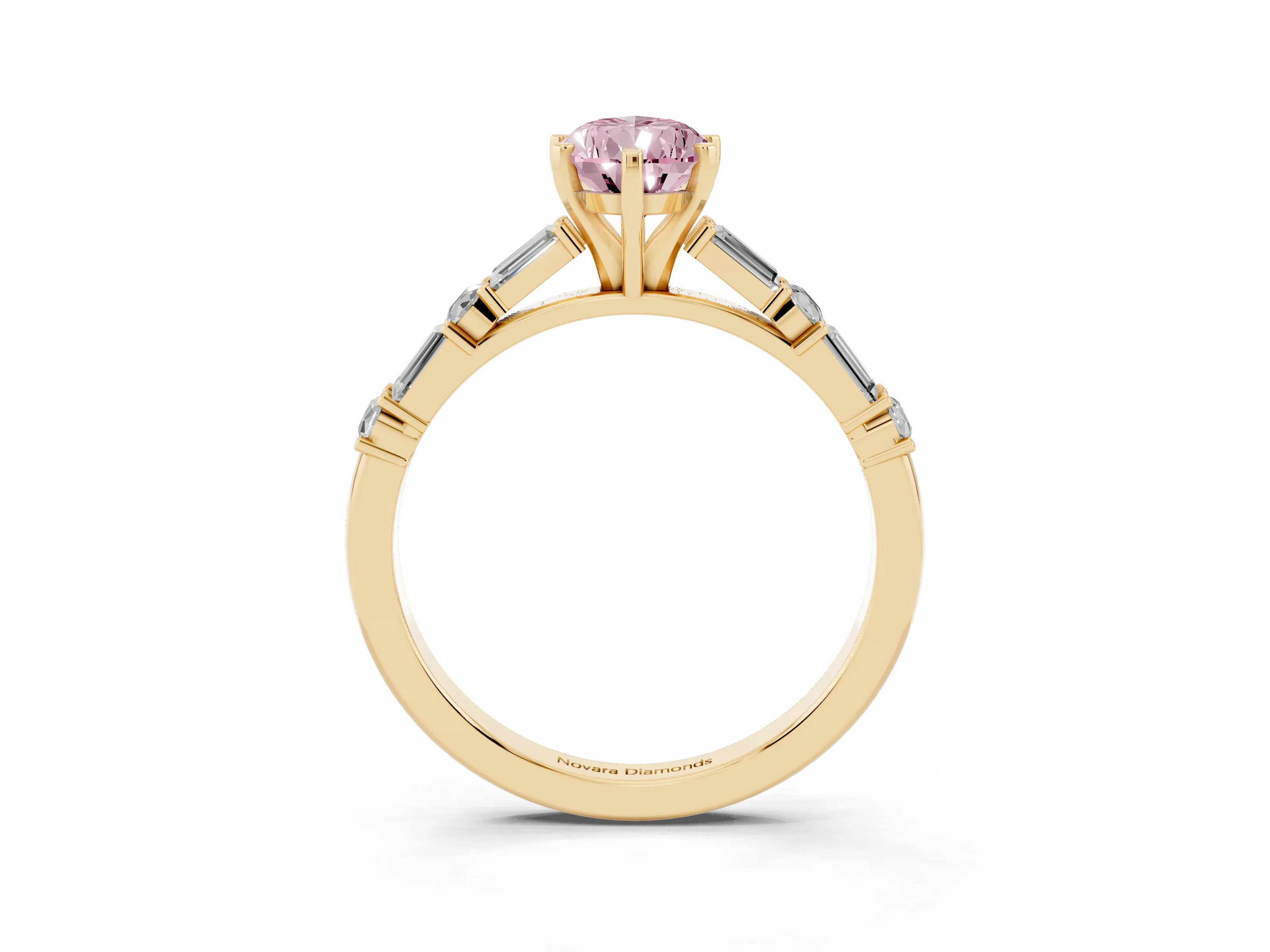 Fancy Pink Pear Cut Diamond Solitaire Set in Yellow gold with Side Baguettes and Channel Set Band