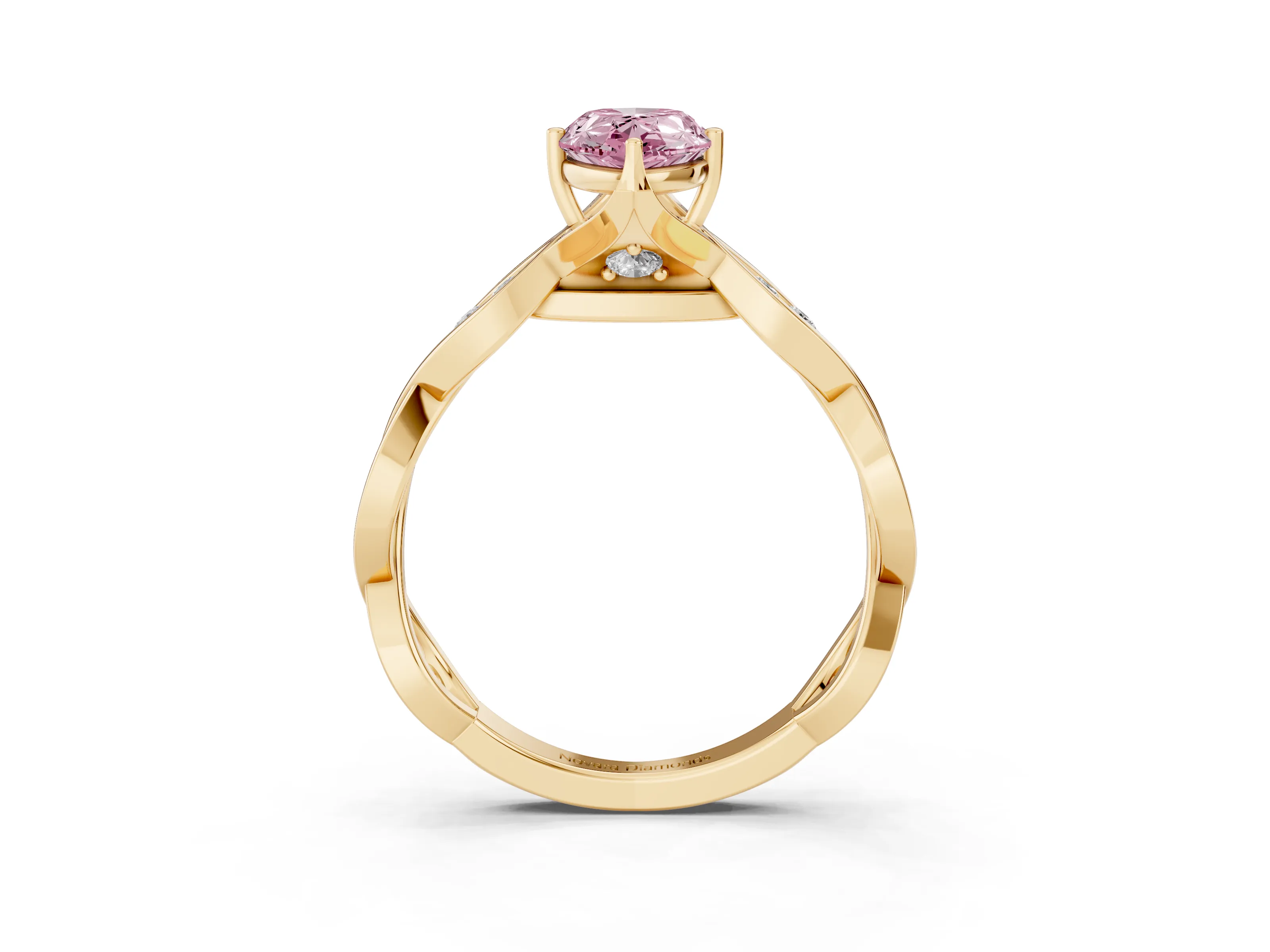 Fancy Pink Pear Cut Diamond Twist Band Solitaire Ring Set in Yellow gold with Leaf Prong Setting and Accent Stones