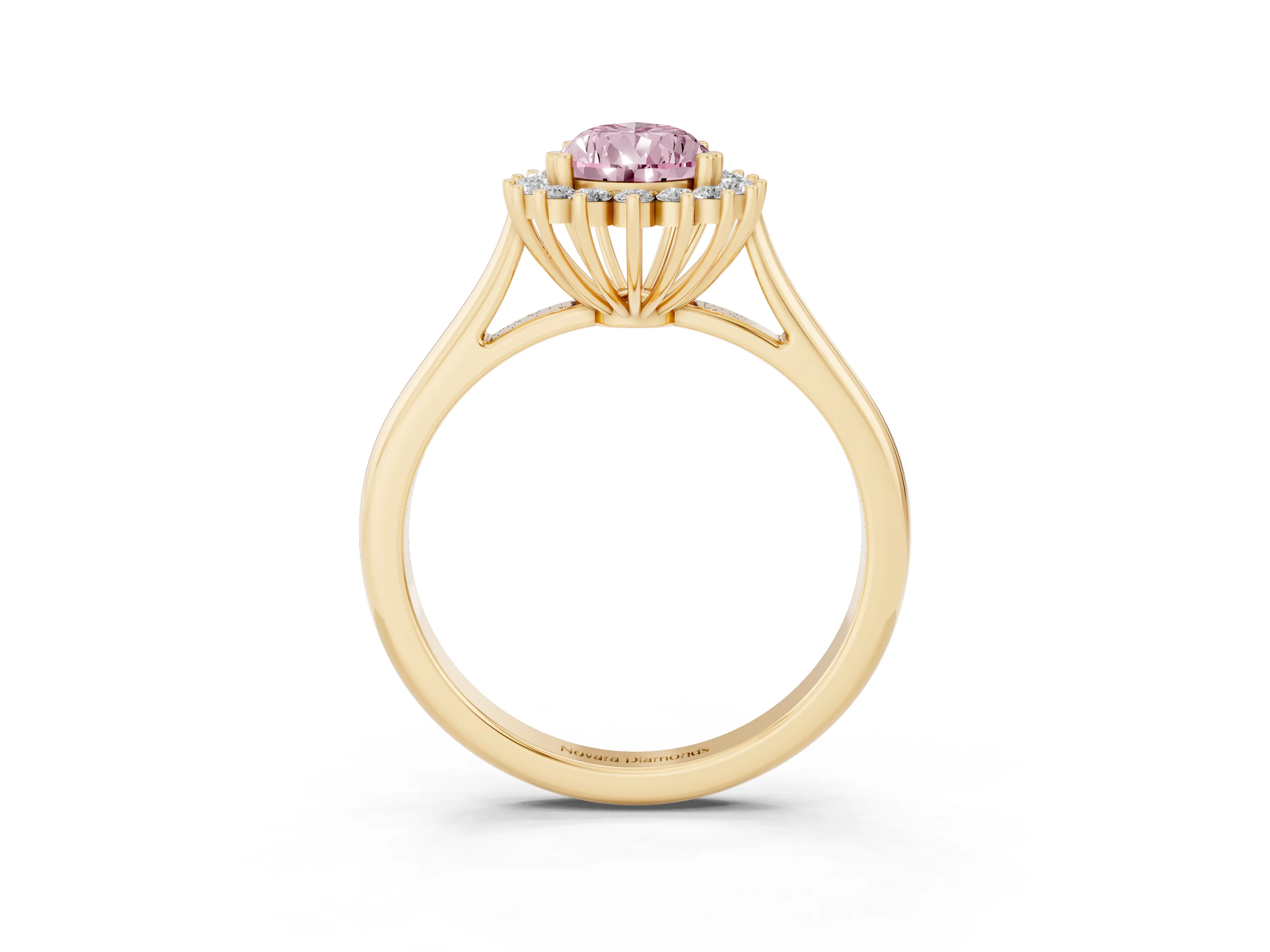 Fancy Pink Pear Cut Diamond Halo Ring Set in Yellow gold with Plain Solitaire Band and Prong Setting