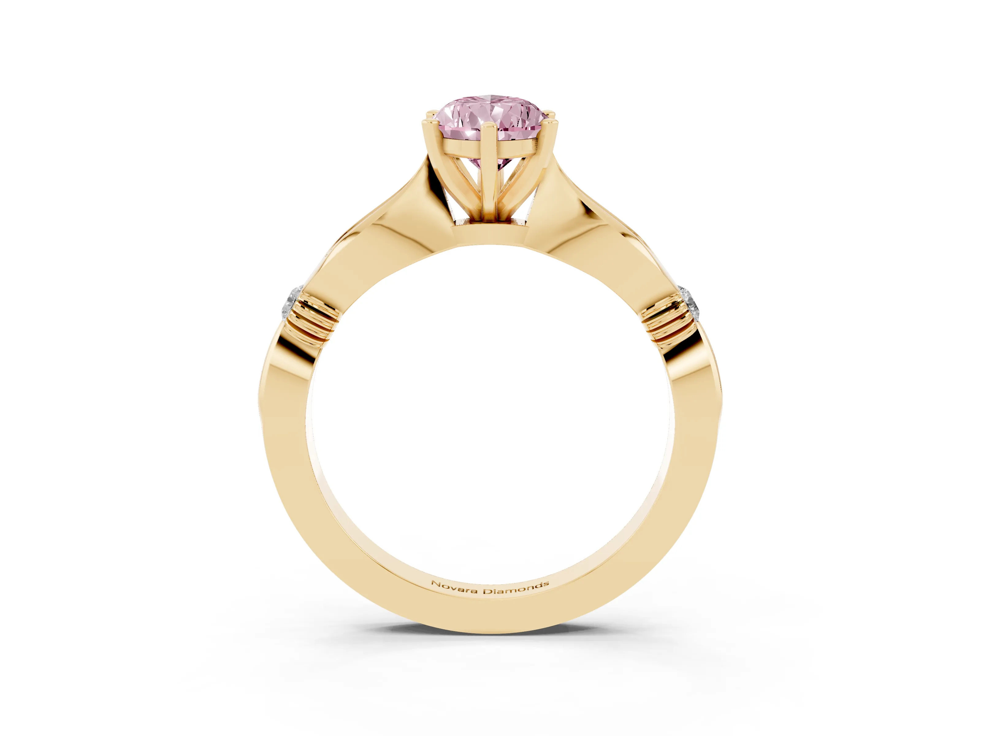 Fancy Pink Pear Cut Diamond Solitaire Twisted Band Ring Set in Yellow gold with Accent Stones and Prong Setting