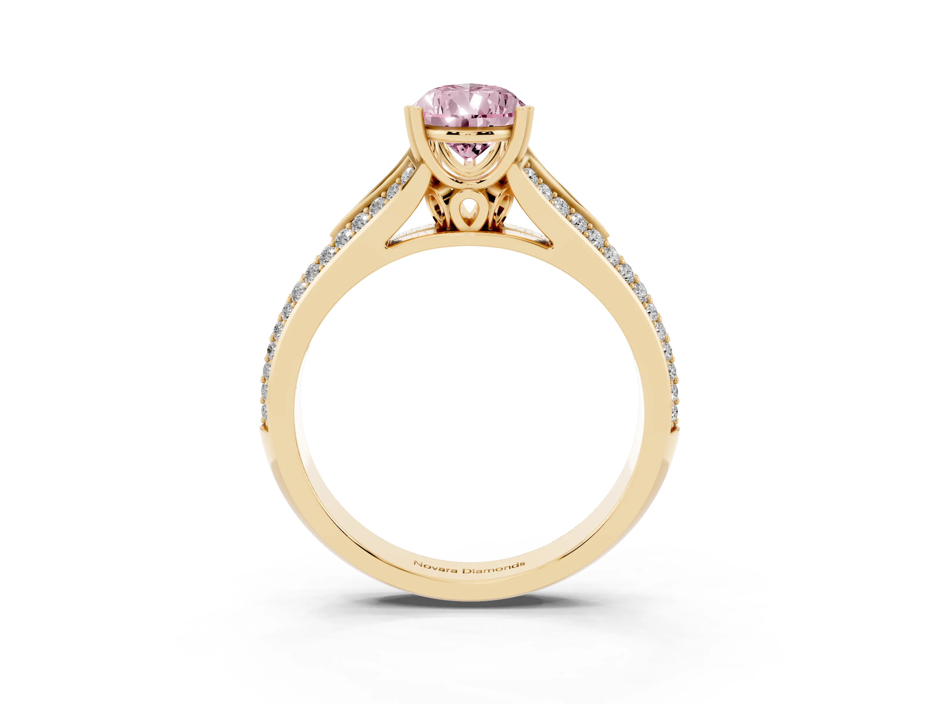 Fancy Pink Pear Cut Diamond Split Shank Pavé Engagement Ring Set in Yellow gold with Prong-Set Center Stone