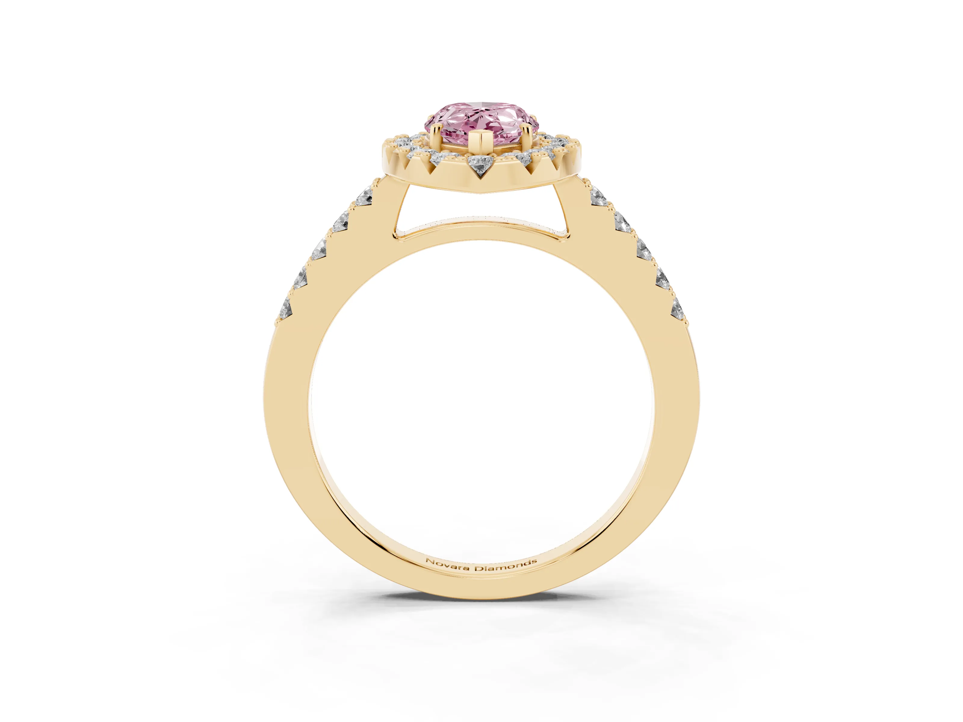Fancy Pink Pear Cut Diamond Halo Pavé Solitaire Ring Set in Yellow gold with Prong-Set Center Stone