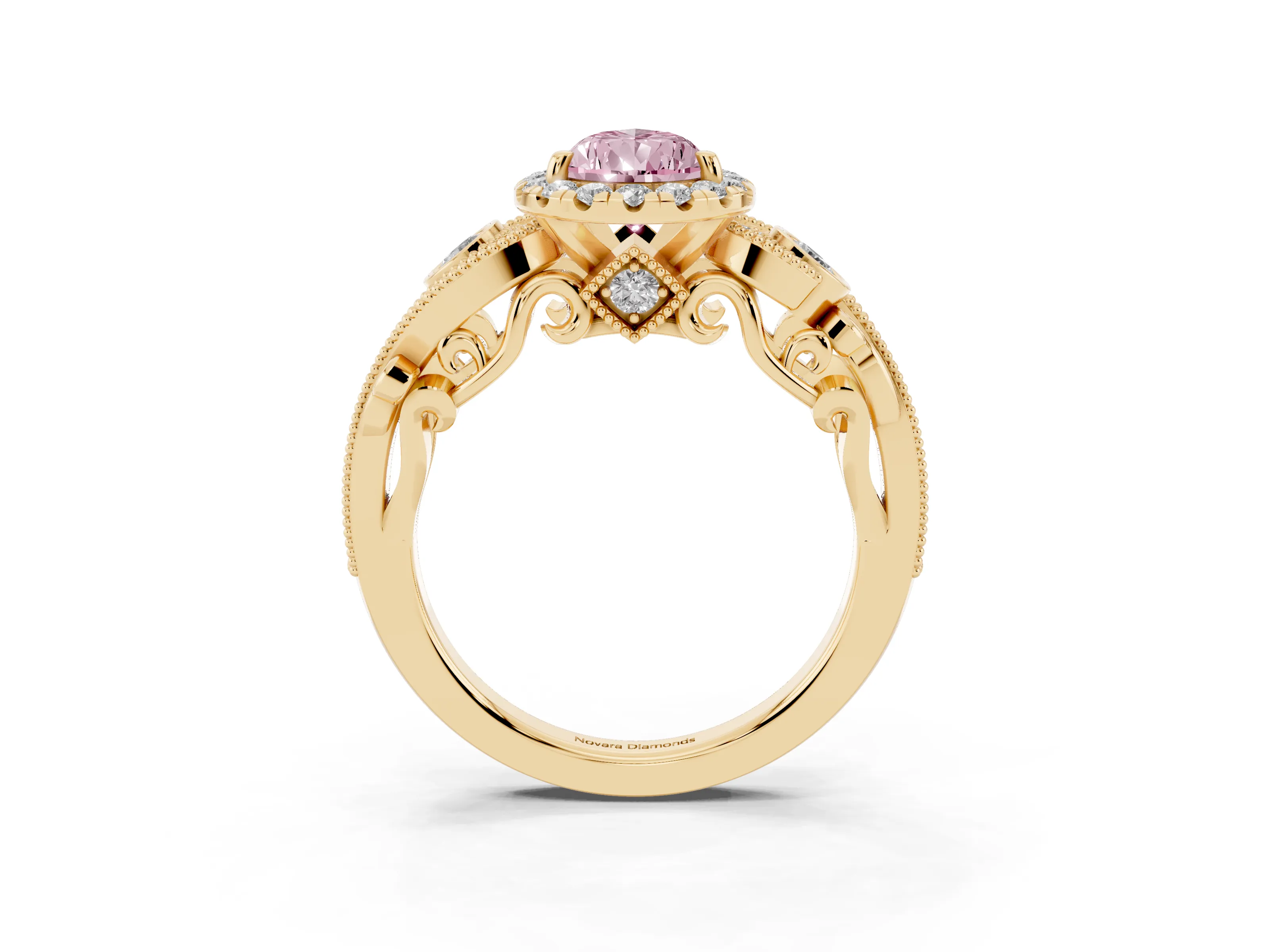 Fancy Pink Pear Cut Diamond Halo Ring Set in Yellow gold with Milgrain Pavé Band and Prong Setting