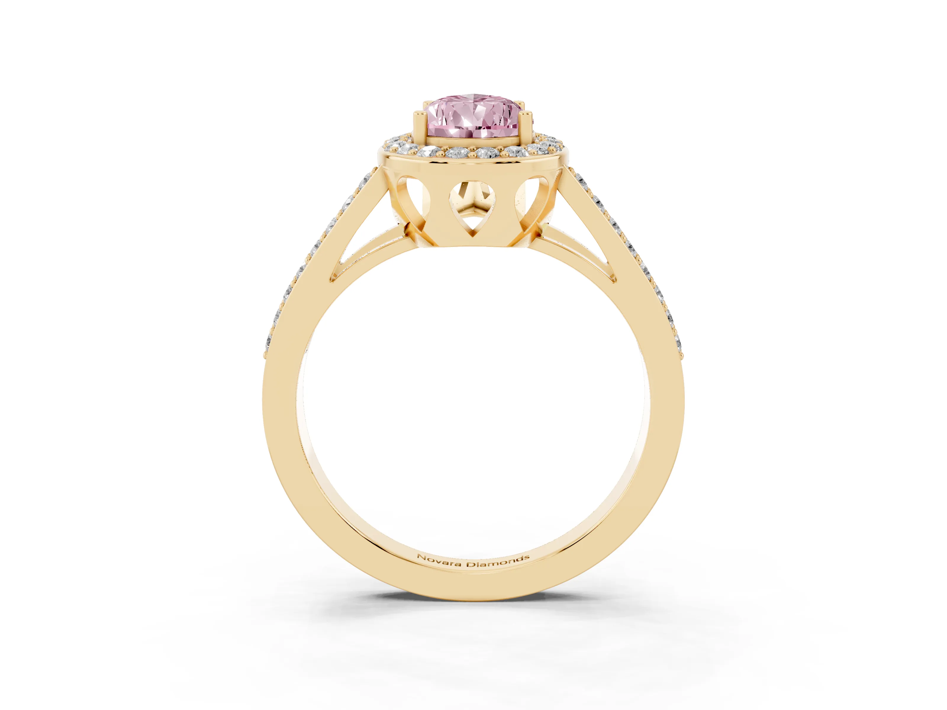 Fancy Pink Pear Cut Diamond Halo Ring Set in Yellow gold with U-Prong Split Shank and Prong Setting