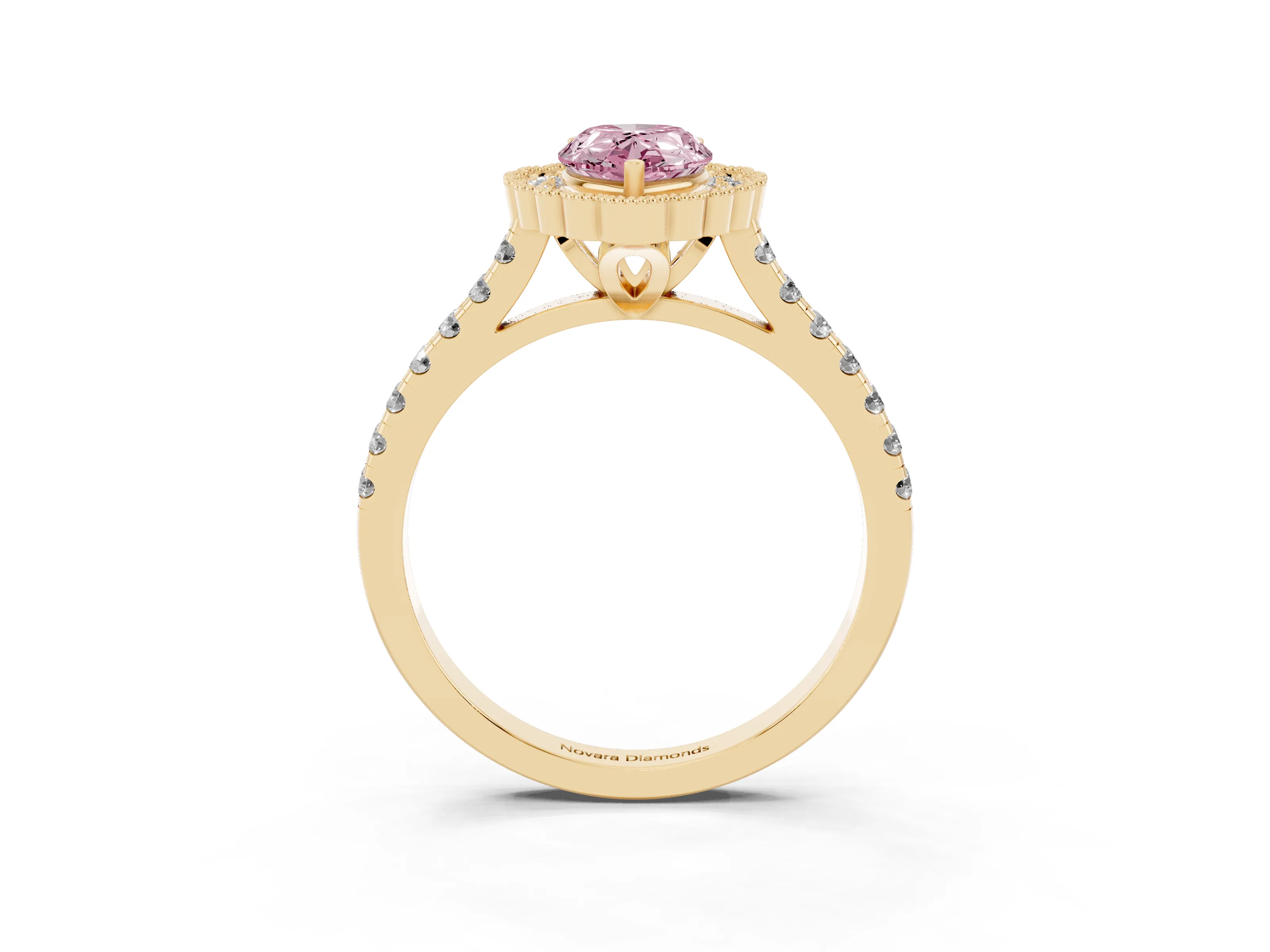 Fancy Pink Pear Cut Diamond Milgrain Floral Halo Engagement Ring Set in Yellow gold with Pavé Band