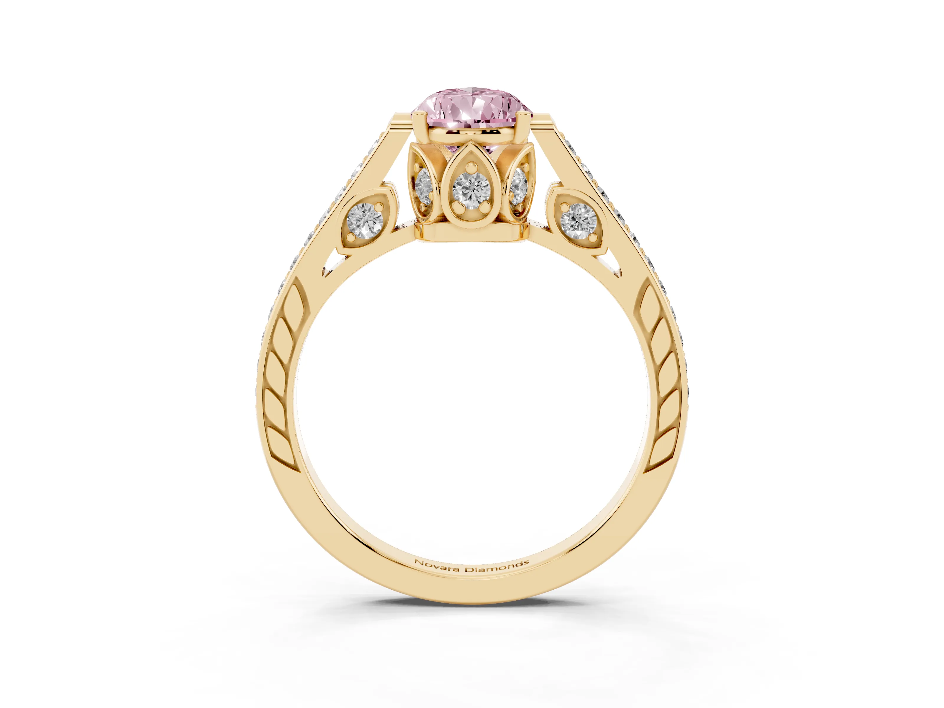 Fancy Pink Pear Cut Diamond Cathedral Pavé Engagement Ring Set in Yellow gold with Prong Setting