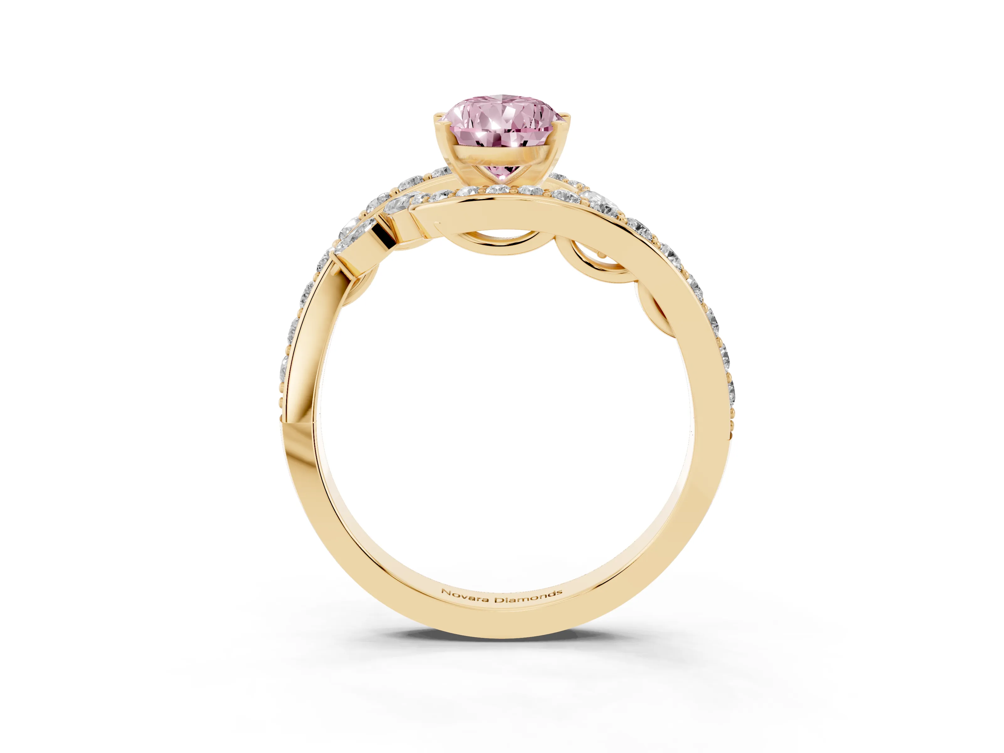 Fancy Pink Pear Cut Diamond Solitaire Ring Set in Yellow gold with Pavé Twist Band and Secure Prong Setting