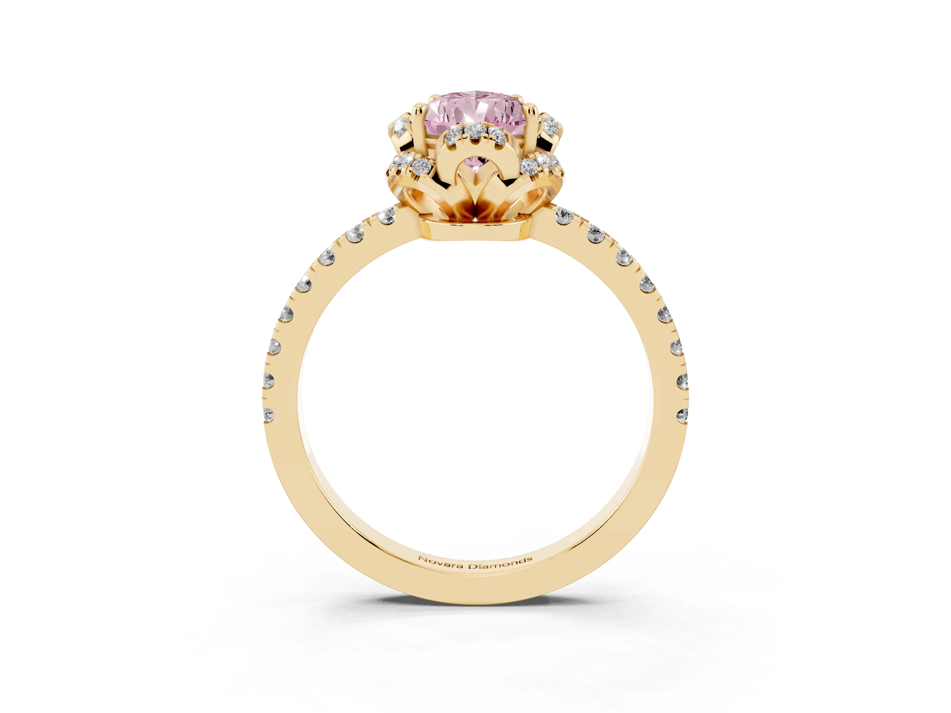 Fancy Pink Pear Cut Diamond Halo Pavé Band Ring Set in Yellow gold with Prong-Held Center