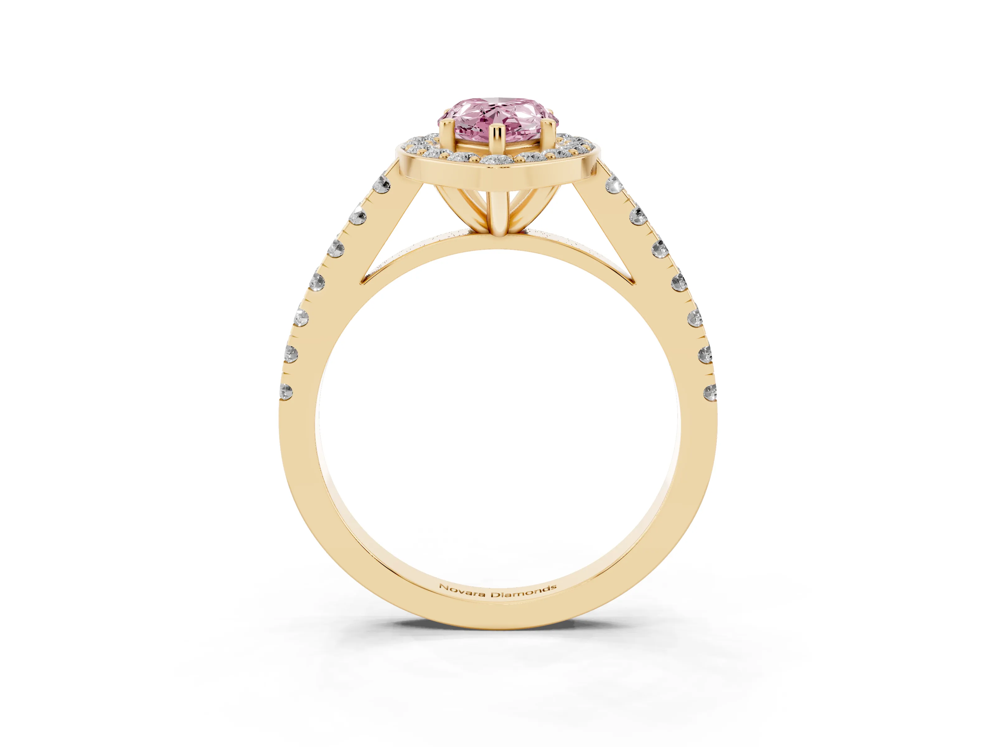 Fancy Pink Pear Cut Diamond Halo Ring Set in Yellow gold with Round Pavé Split Shank and Prong Setting