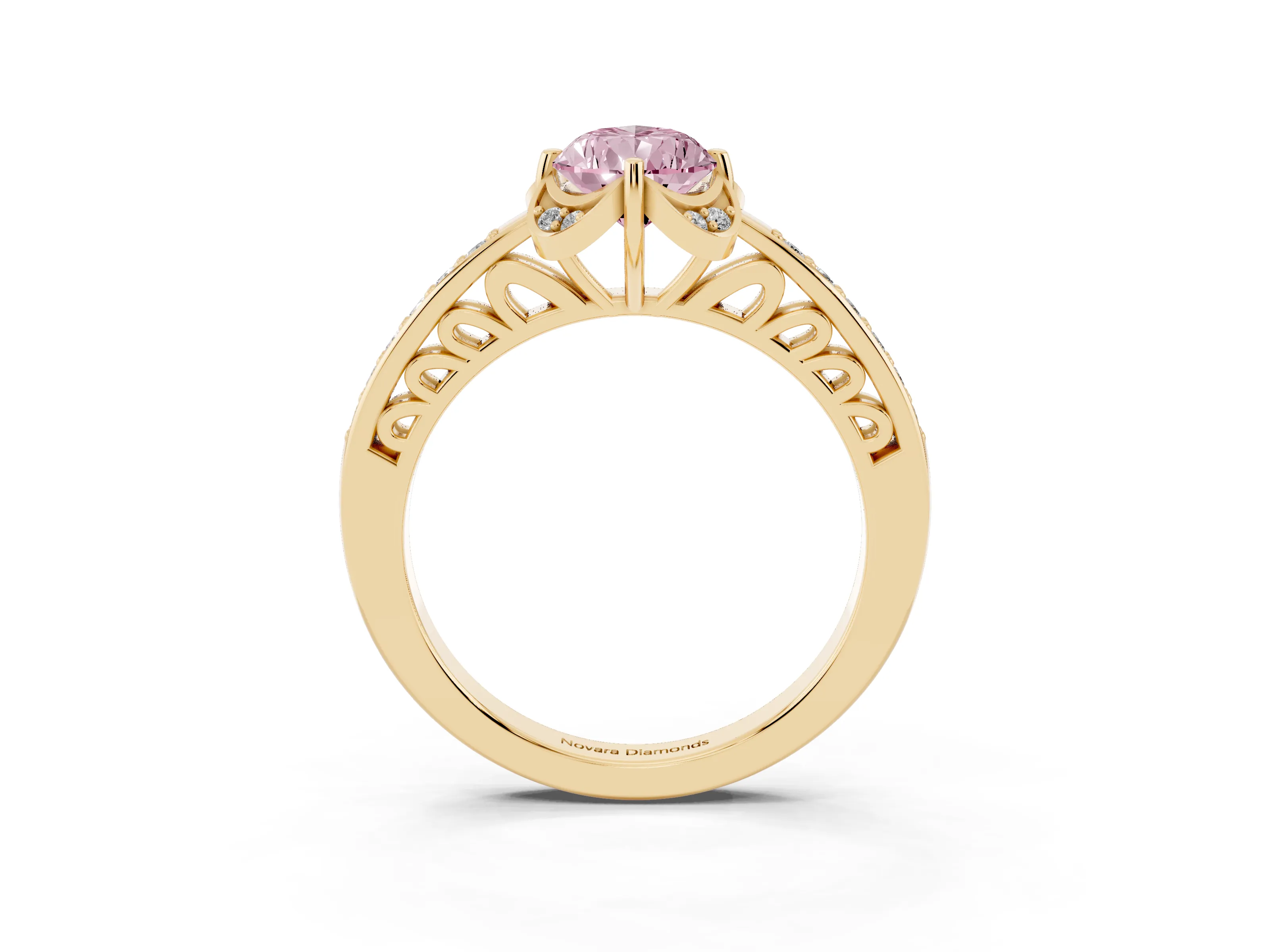 Fancy Pink Pear Cut Diamond Halo Ring Set in Yellow gold with Channel Set Band and Prong Setting