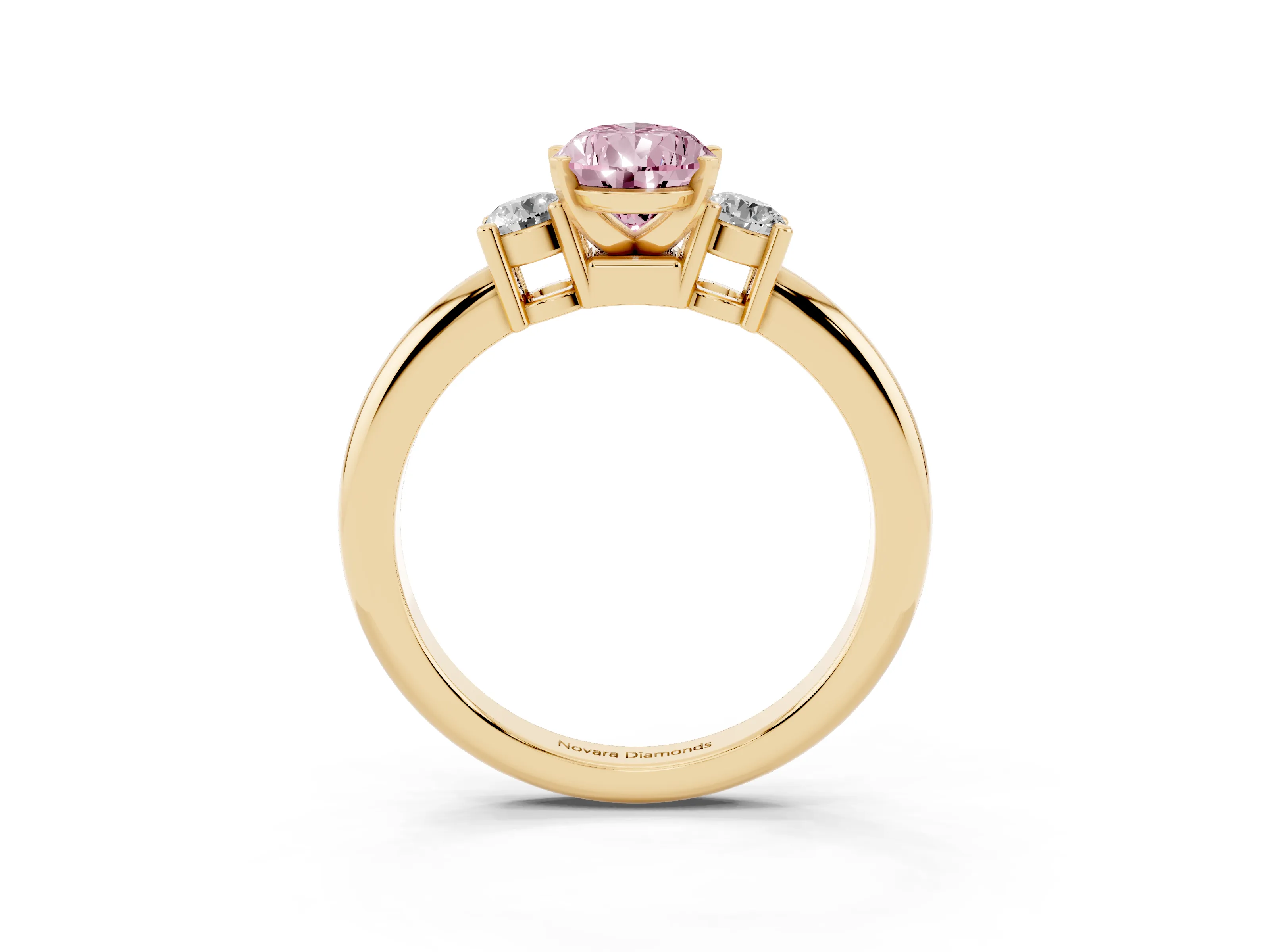 Fancy Pink Three-Stone Pear Cut Diamond Ring Set in Yellow gold with Prong Setting and Plain Band