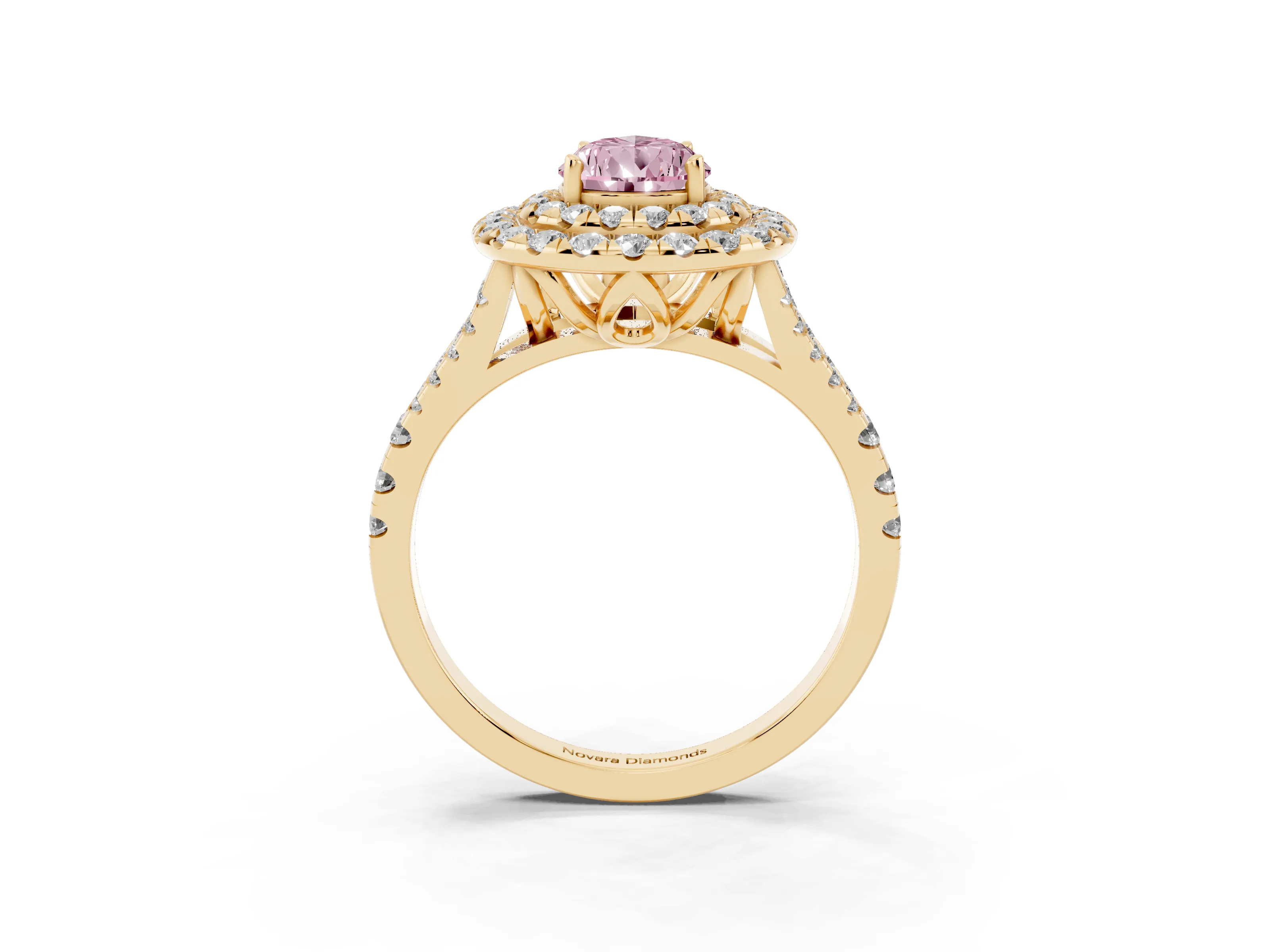 Fancy Pink Pear Cut Diamond Double Halo Ring Set in Yellow gold with Pavé Split Shank and Prong Setting
