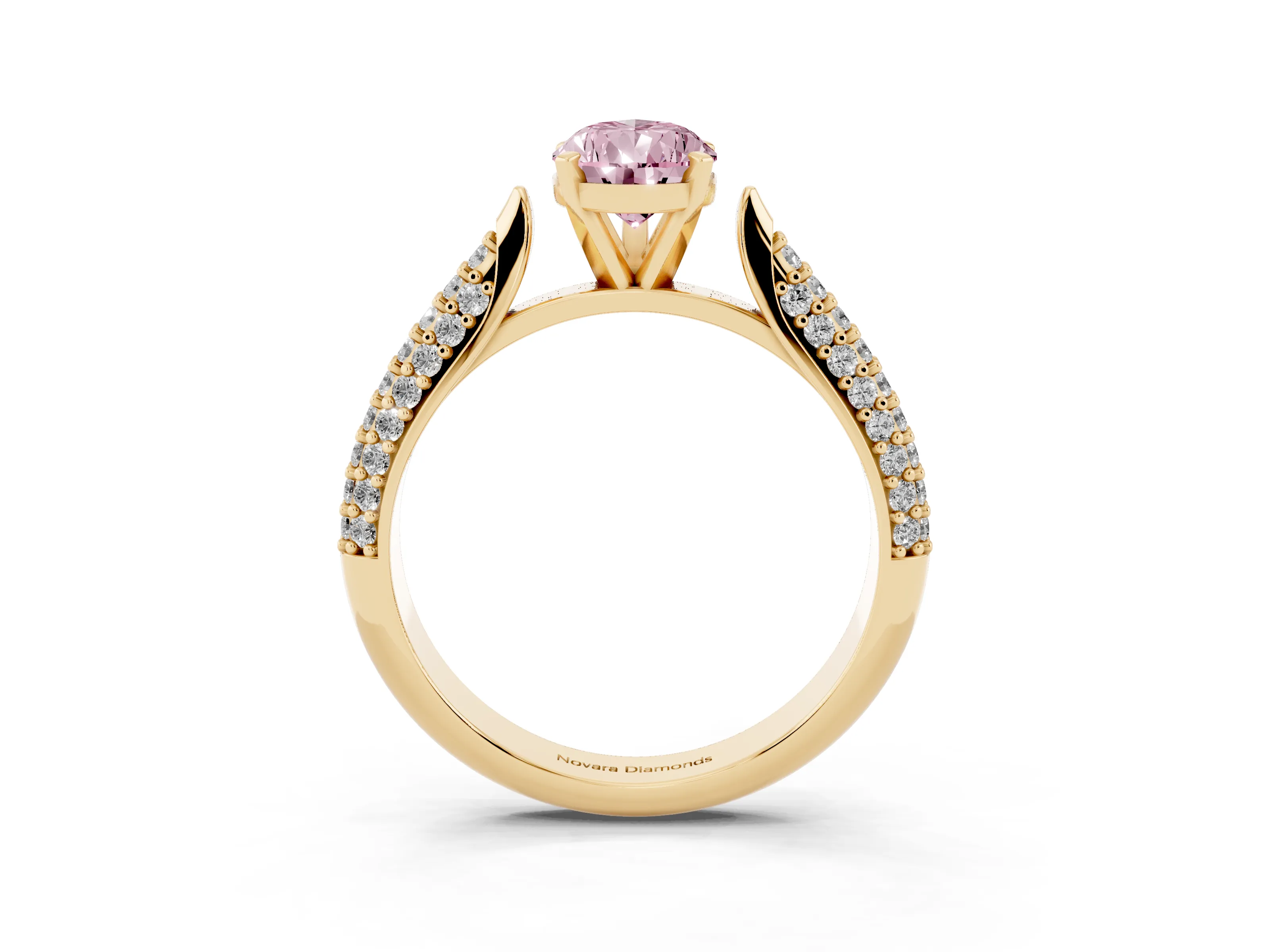 Fancy Pink Pear Cut Diamond Solitaire Engagement Ring Set in Yellow gold with Multi-Row Round Pavé Band and Prong Setting