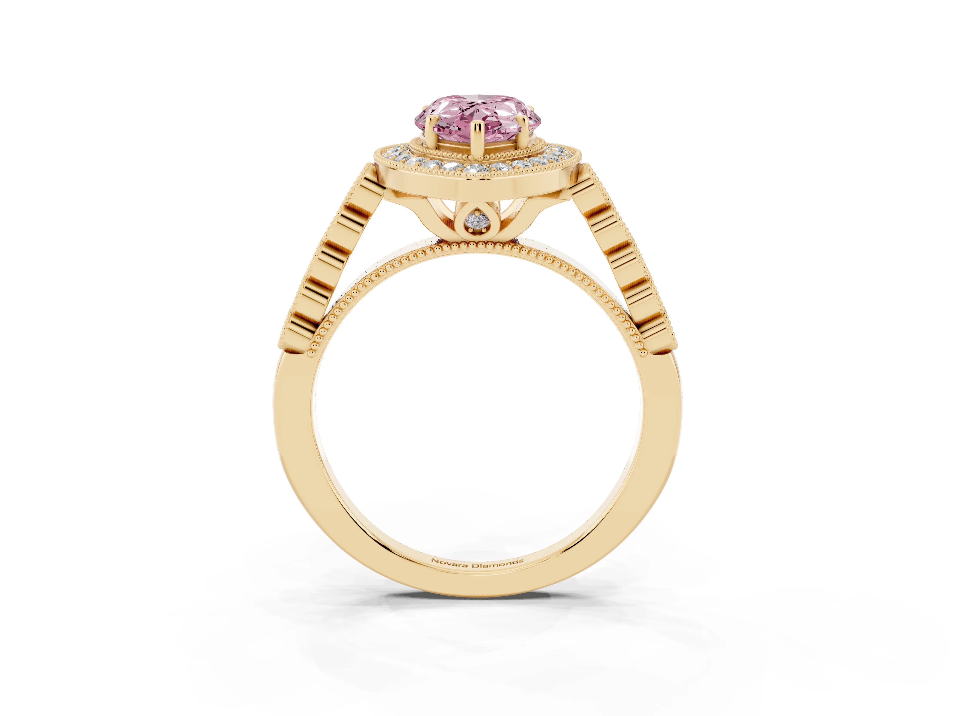 Fancy Pink Pear Cut Diamond Milgrain Halo Solitaire Ring Set in Yellow gold with Bezel Set Side Stones and Pavé Band