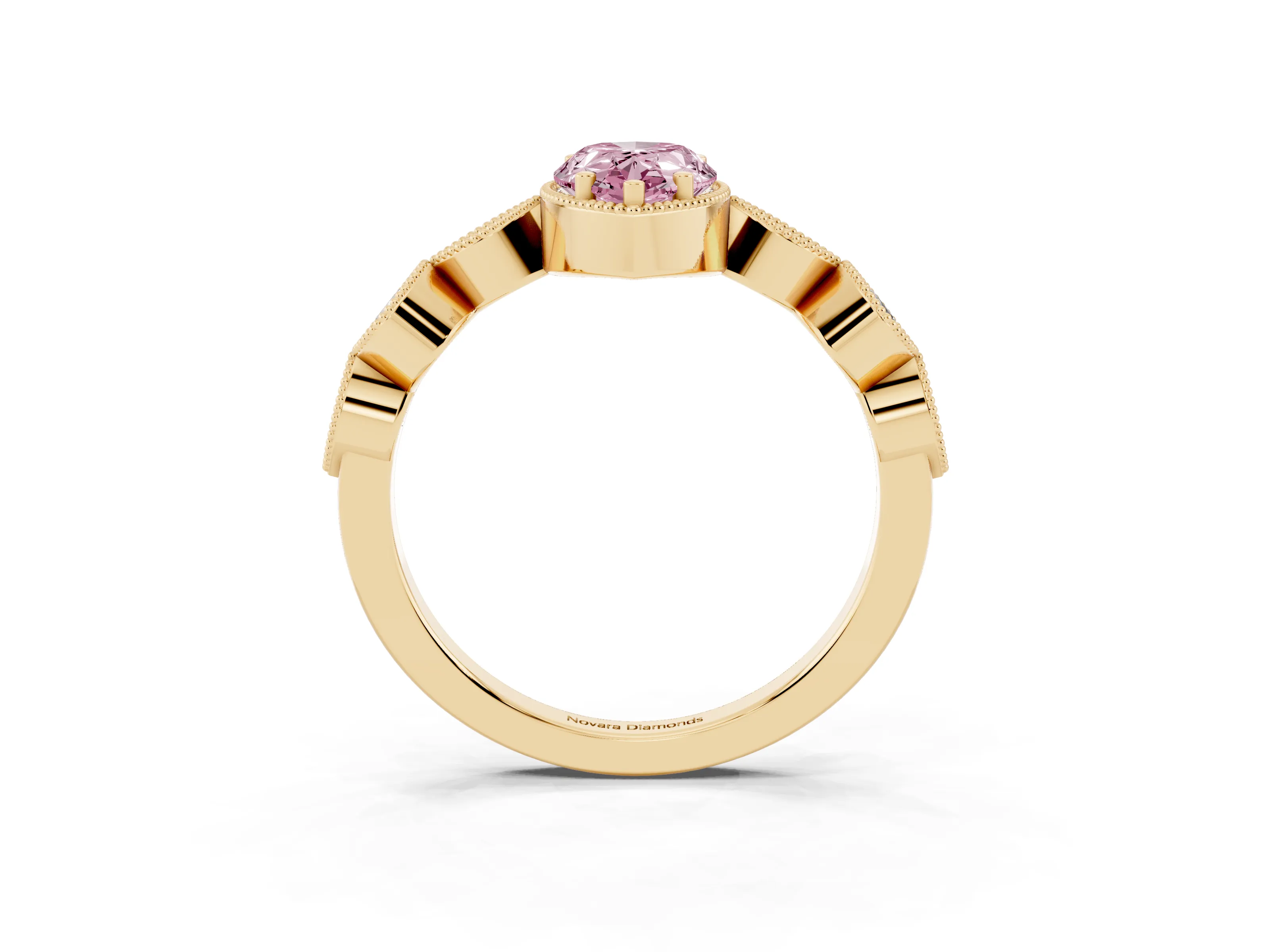 Fancy Pink Pear Cut Diamond Vintage-Inspired Milgrain Ring Set in Yellow gold with Marquise Stations of Round Accents