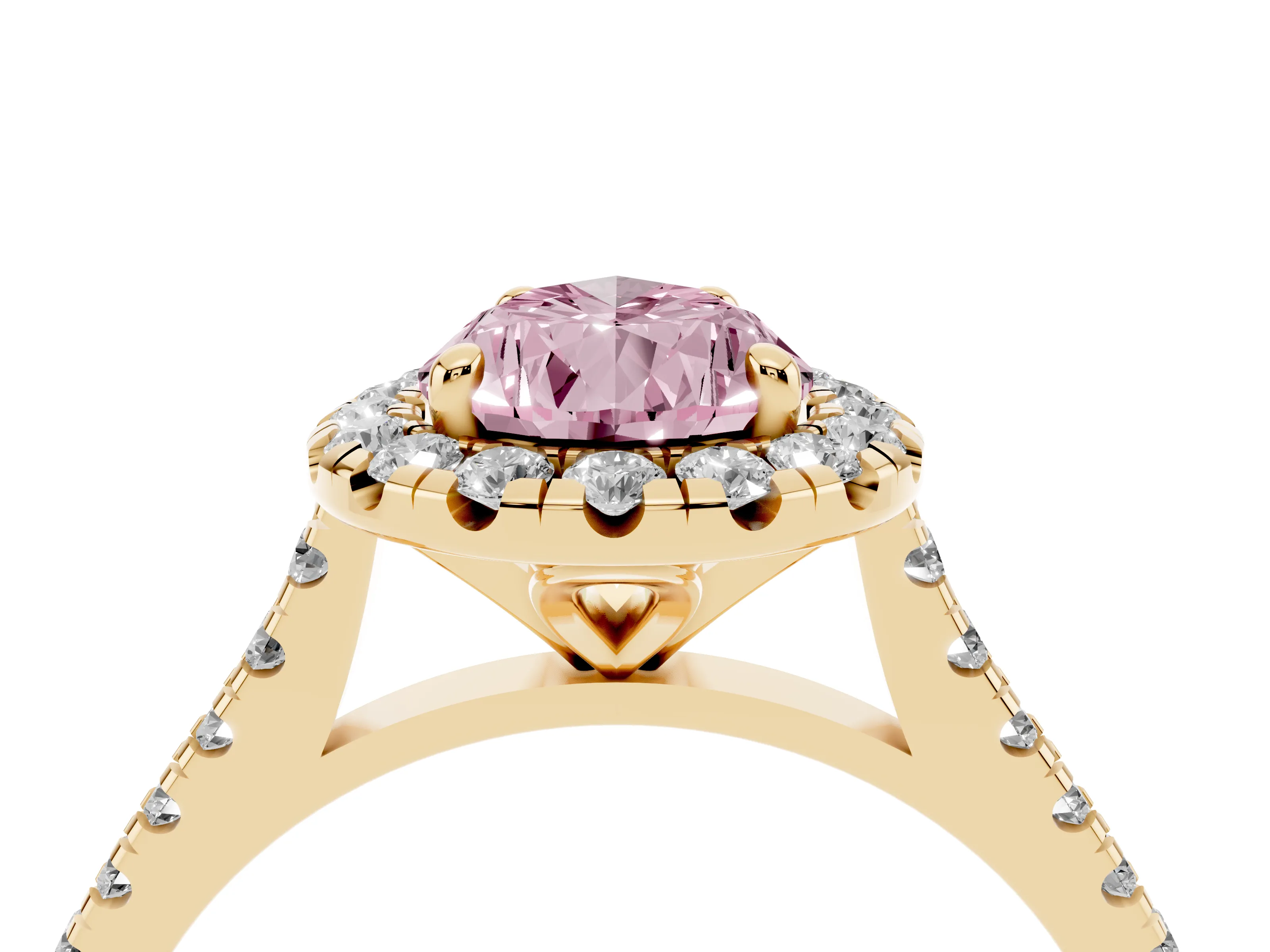 Fancy Pink Pear Cut Diamond Cushion Halo Ring Set in Yellow gold with Pavé Band