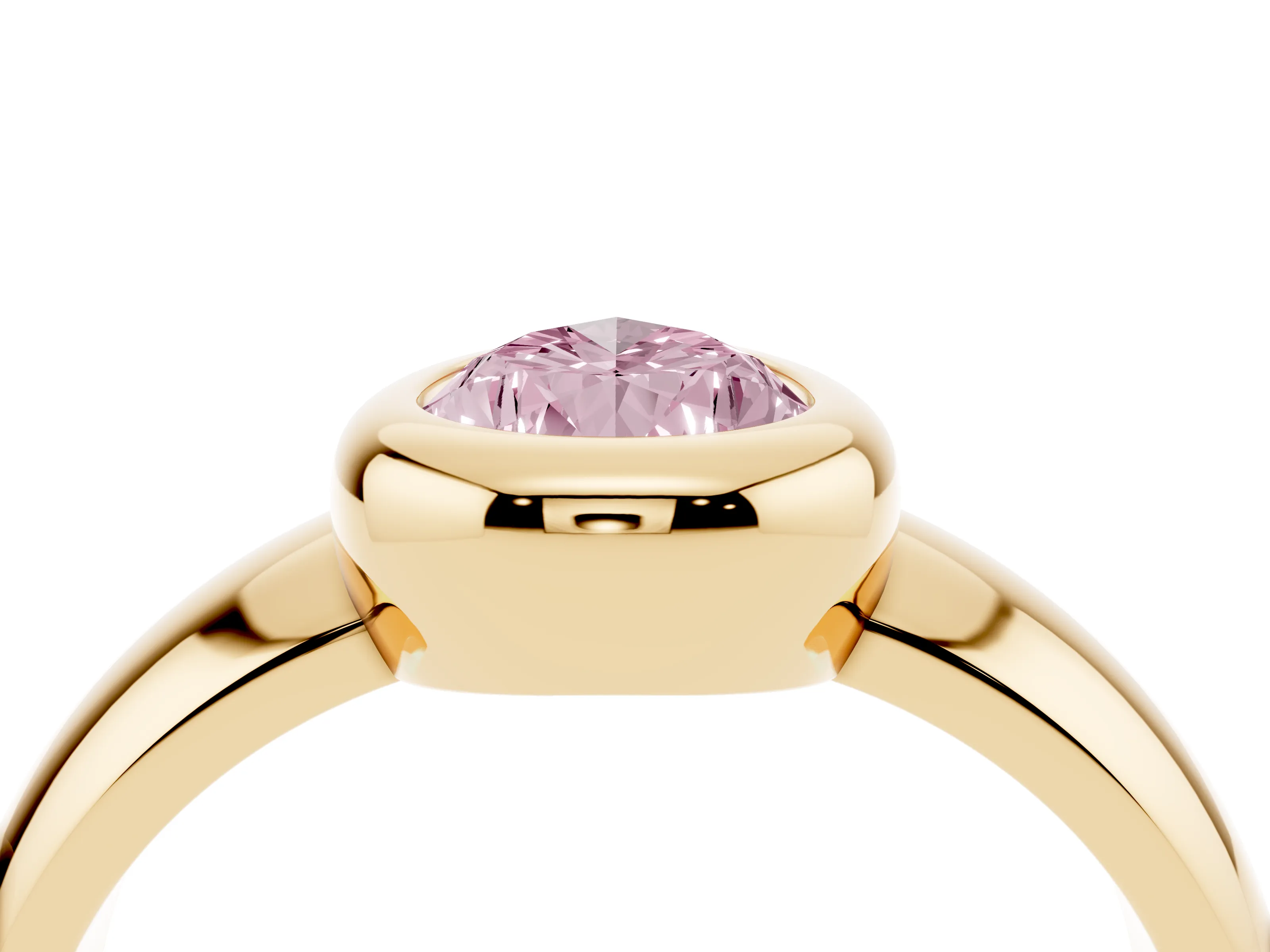 Fancy Pink Bezel Set Pear Cut Diamond Solitaire Ring Set in Yellow gold with Wide Band