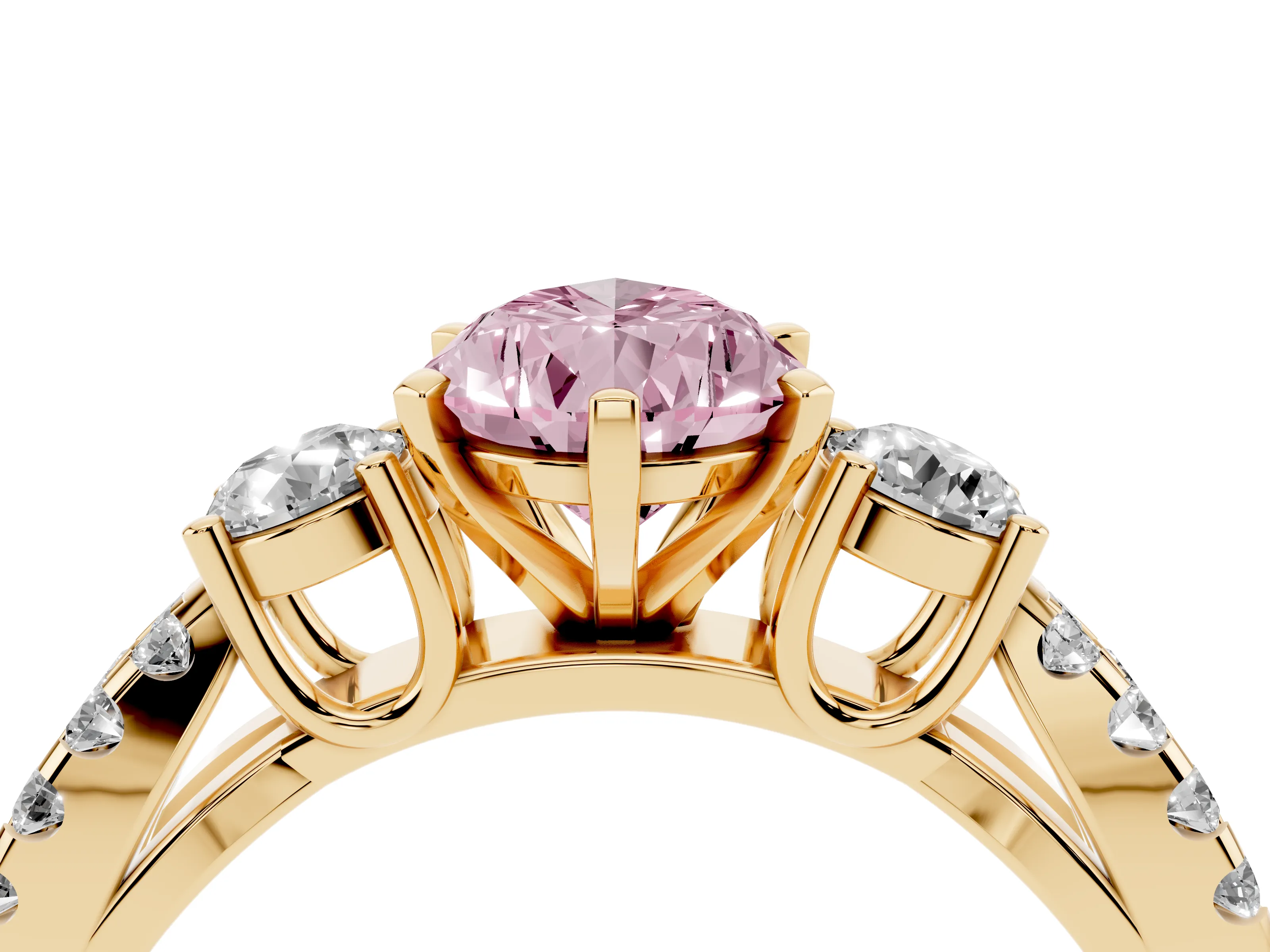 Fancy Pink Pear Cut Diamond Three-Stone Ring Set in Yellow gold with Pavé Split Shank and Prong Setting