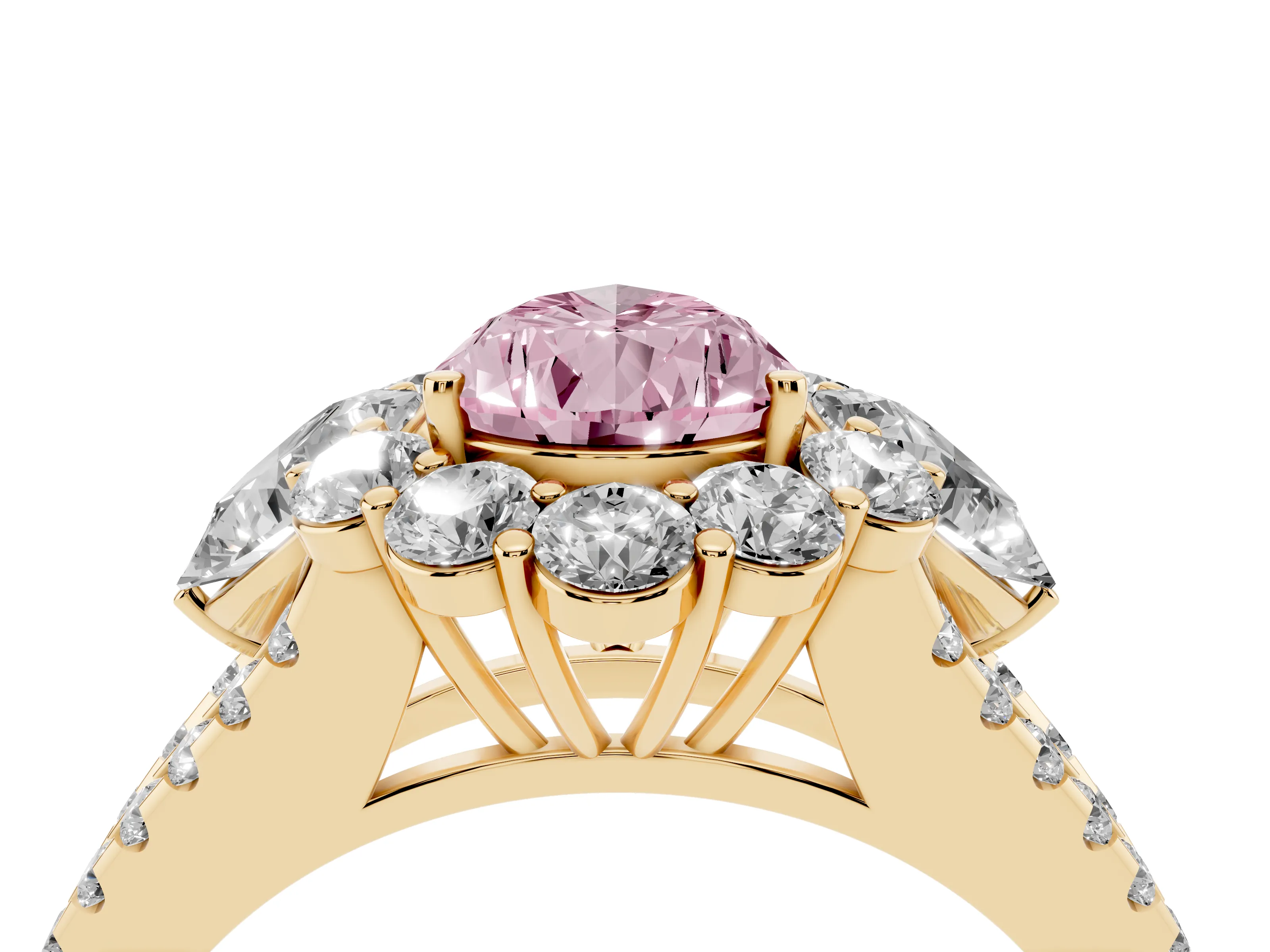 Pear-Shaped Scalloped Halo Engagement Ring Setting for a Fancy Pink Lab-Grown Diamond | Pear Side Stones | Yellow Gold