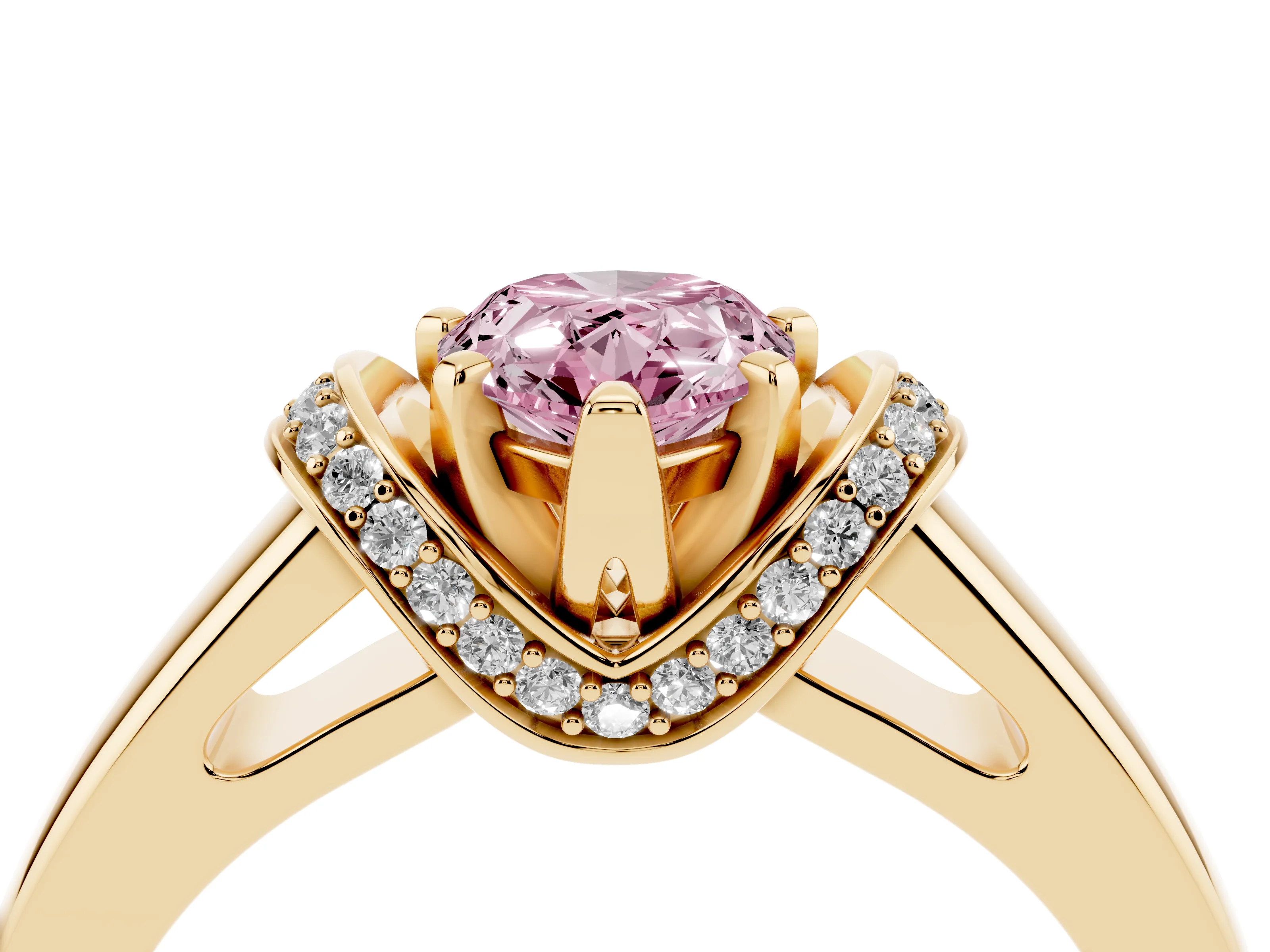Fancy Pink Pear Cut Diamond Pavé Band Solitaire Ring Set in Yellow gold with Prong Setting