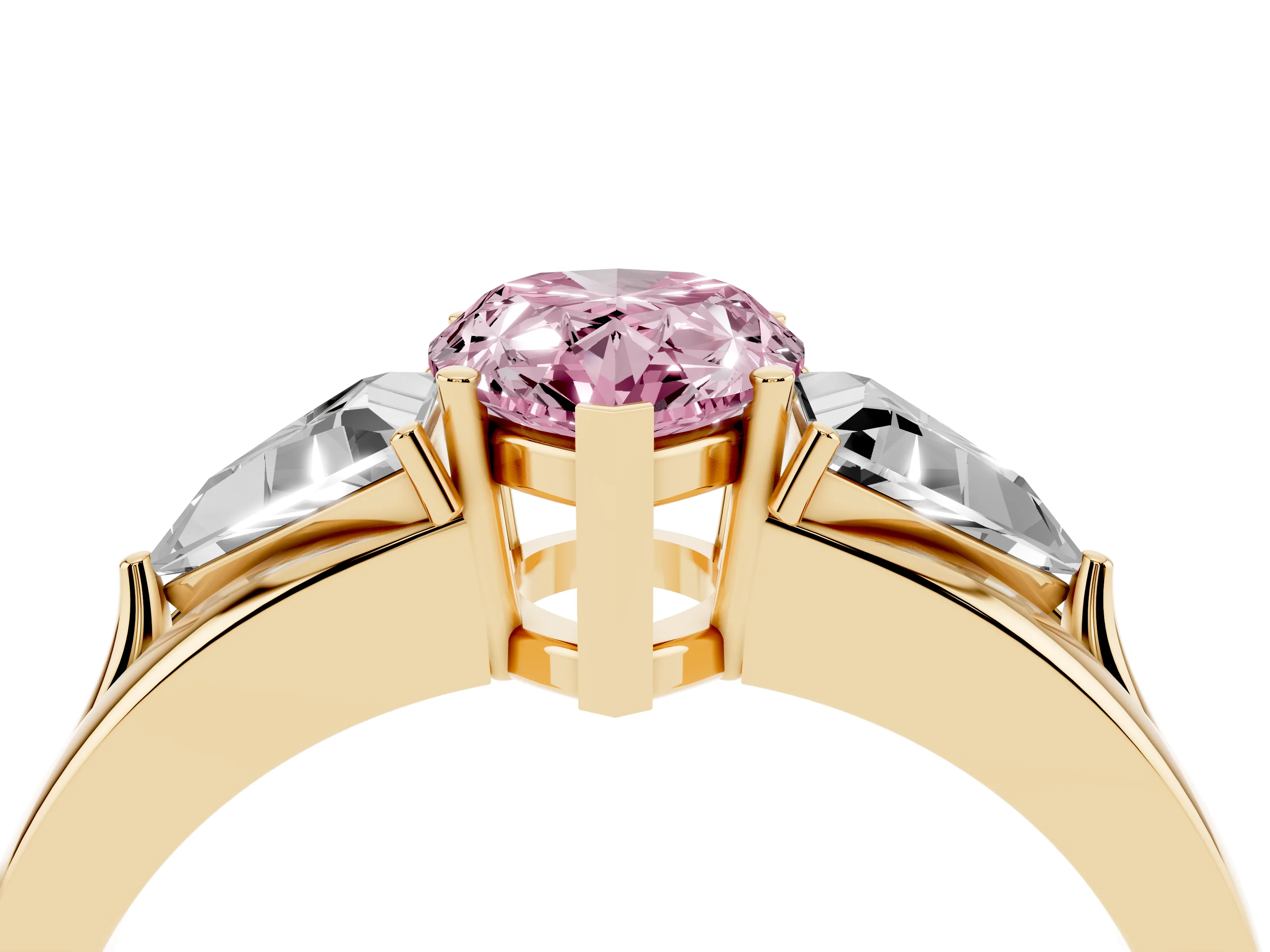 Fancy Pink Pear Cut Diamond Three-Stone Ring Set in Yellow gold with Trillion Side Stones and Split Shank