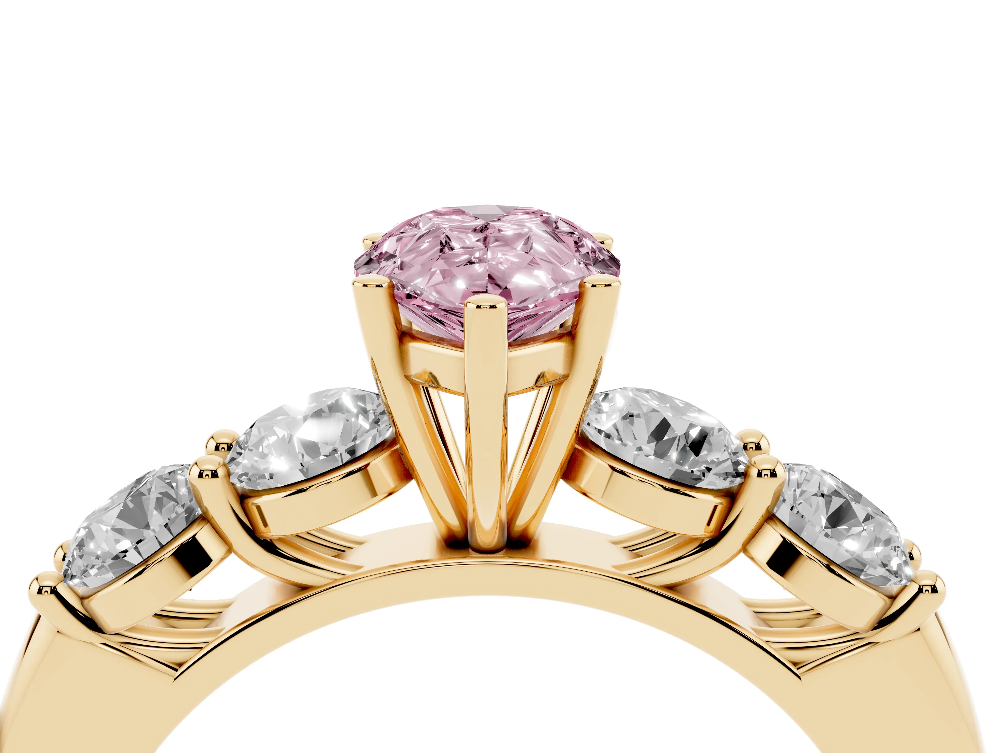 Fancy Pink Pear Cut Diamond Five-Stone Prong Set Ring Set in Yellow gold with Classic Band