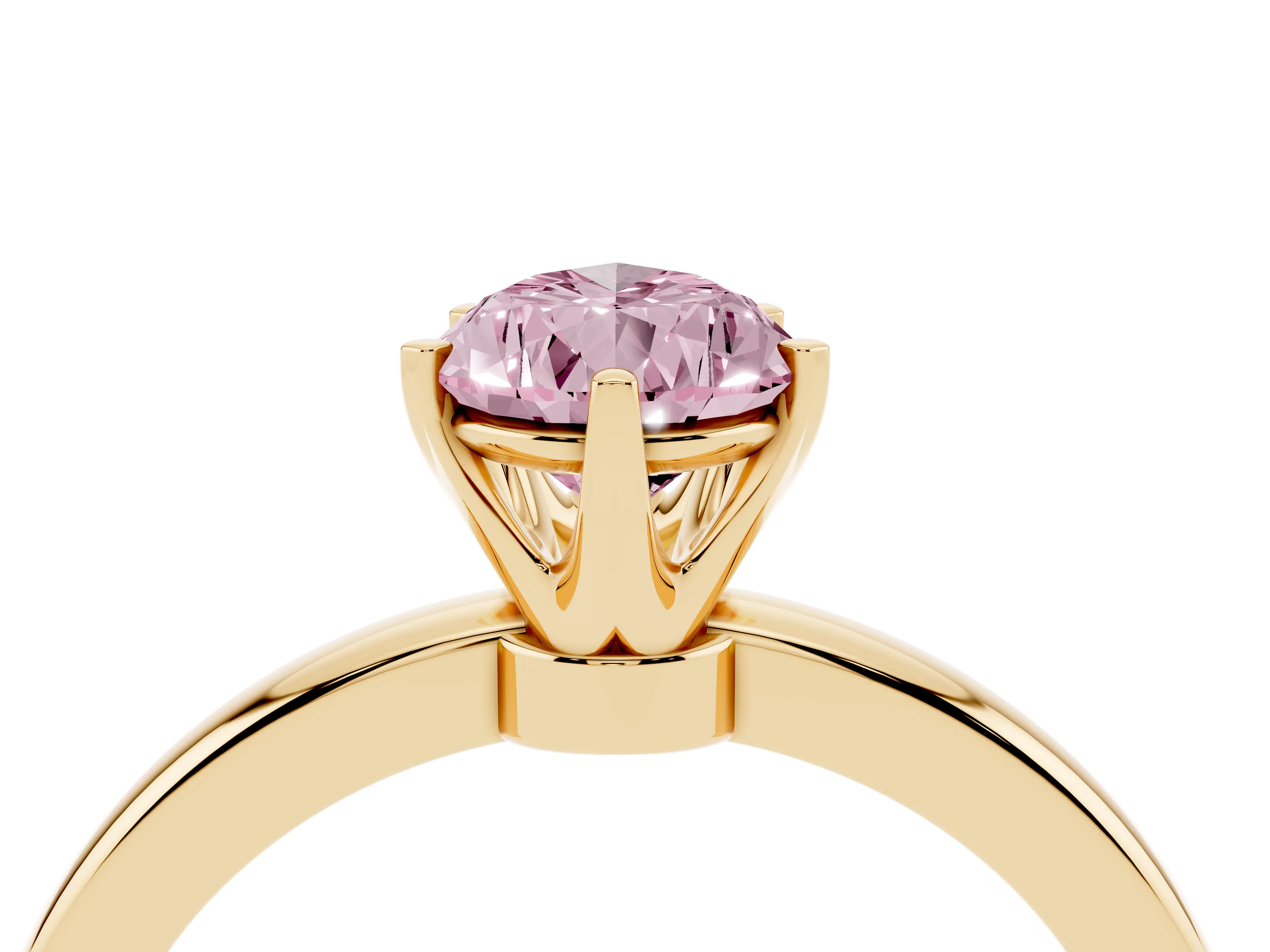 Fancy Pink Pear Cut Diamond Solitaire Ring Set in Yellow gold with Raised Prong Setting on a Classic Band