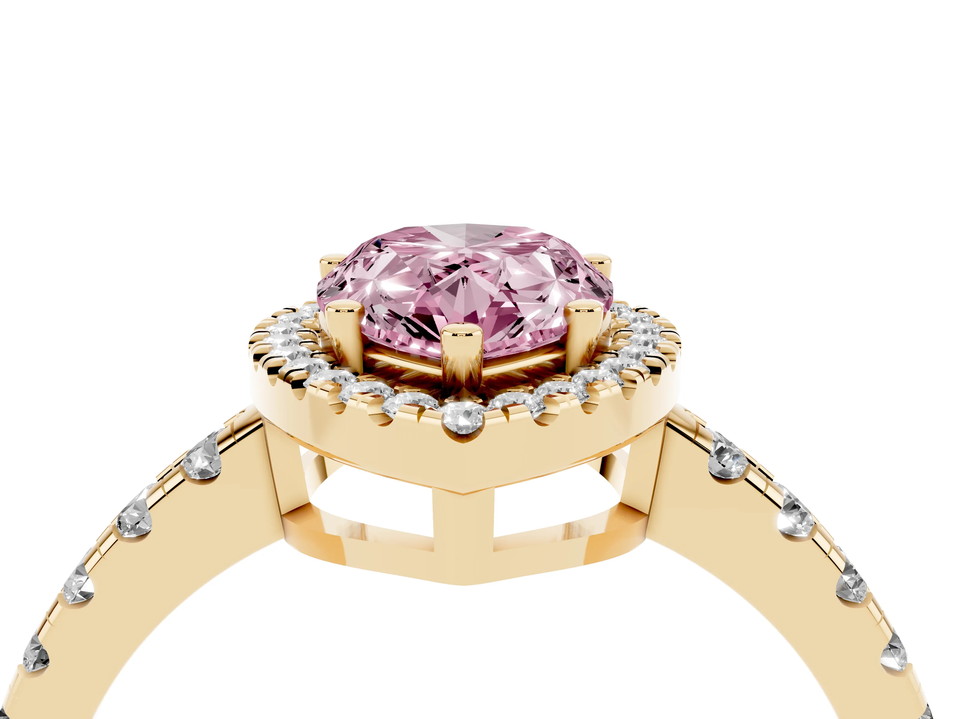Fancy Pink Pear Cut Diamond Halo Ring Set in Yellow gold with Delicate Pavé Band and Prong Setting