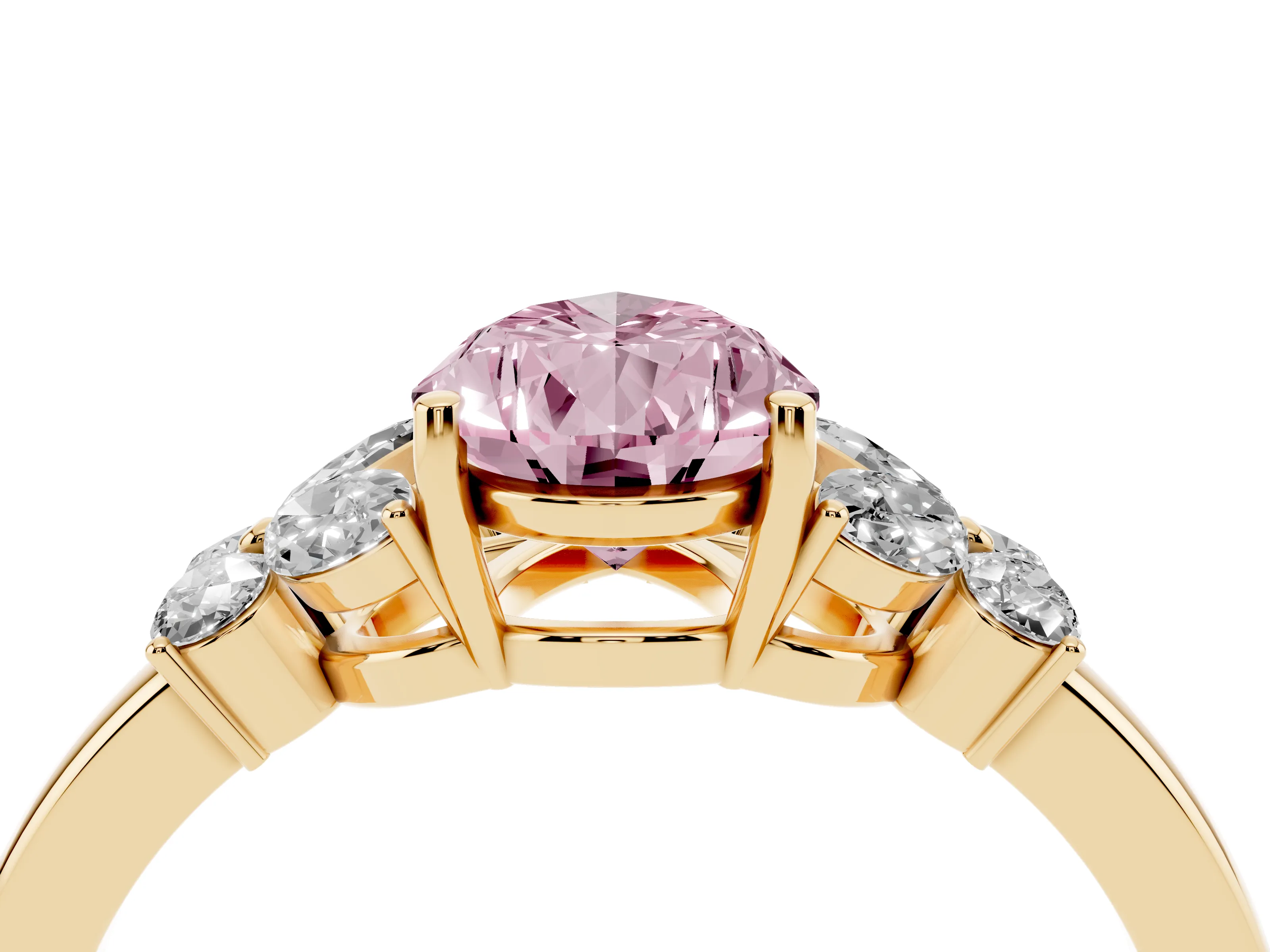 Fancy Pink Pear Cut Diamond Solitaire Floral Ring Set in Yellow gold with Marquise Petals and Prong Setting