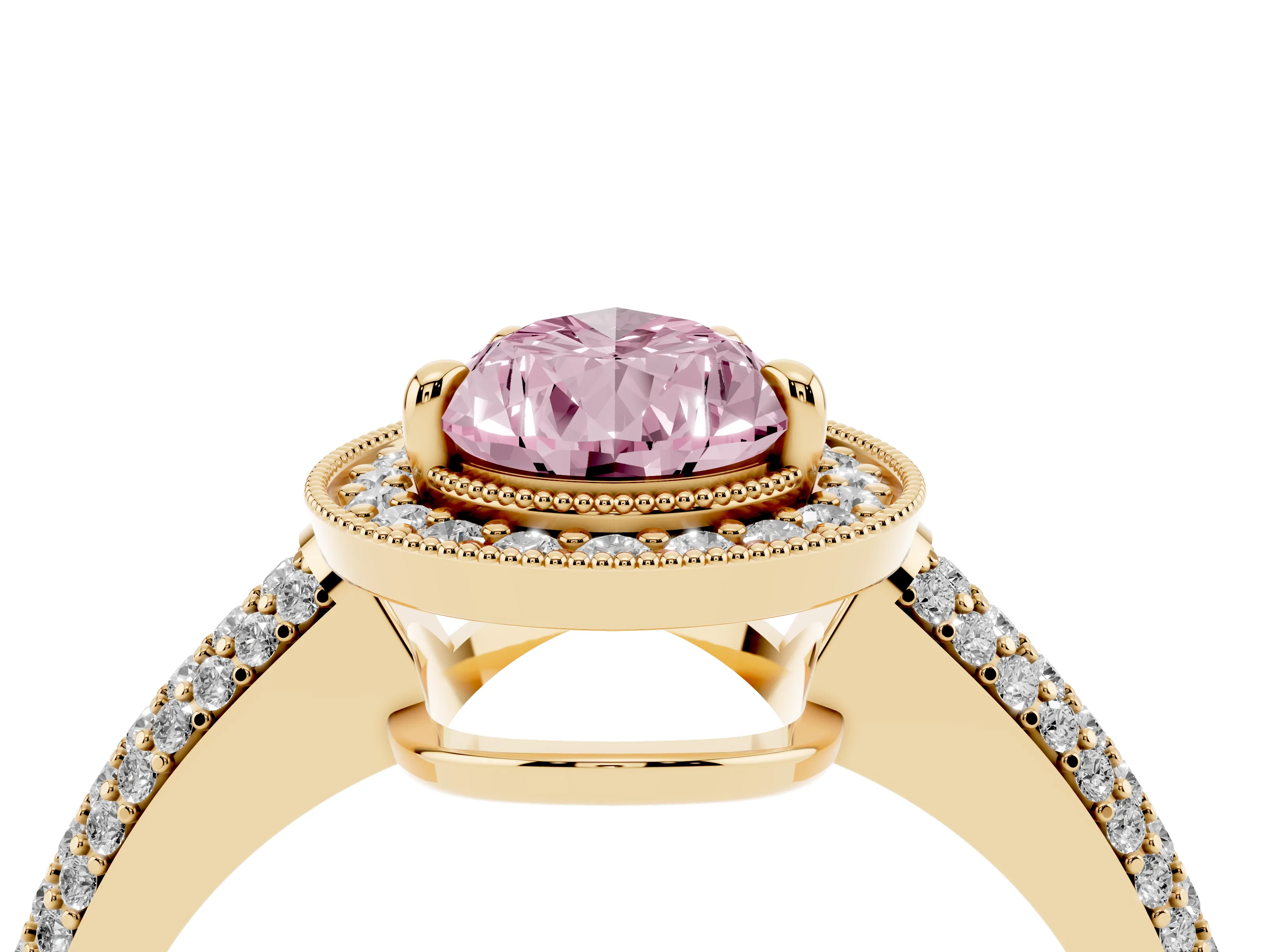 Fancy Pink Pear Cut Diamond Halo Pavé Band Set in Yellow gold with Prong Setting