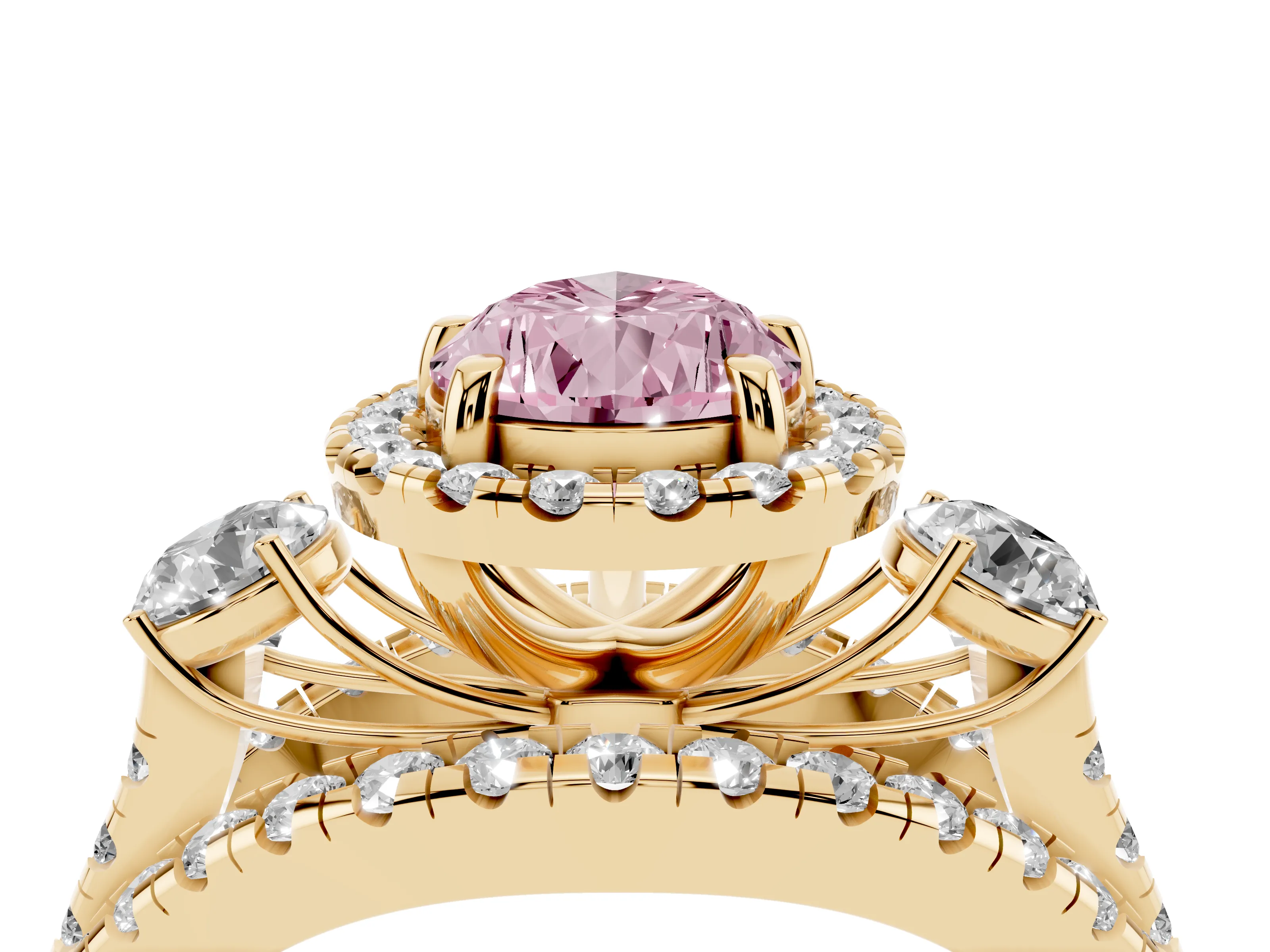 Fancy Pink Pear Cut Diamond Halo Split Shank Ring Set in Yellow gold with Round Accent Stones and Prong Setting