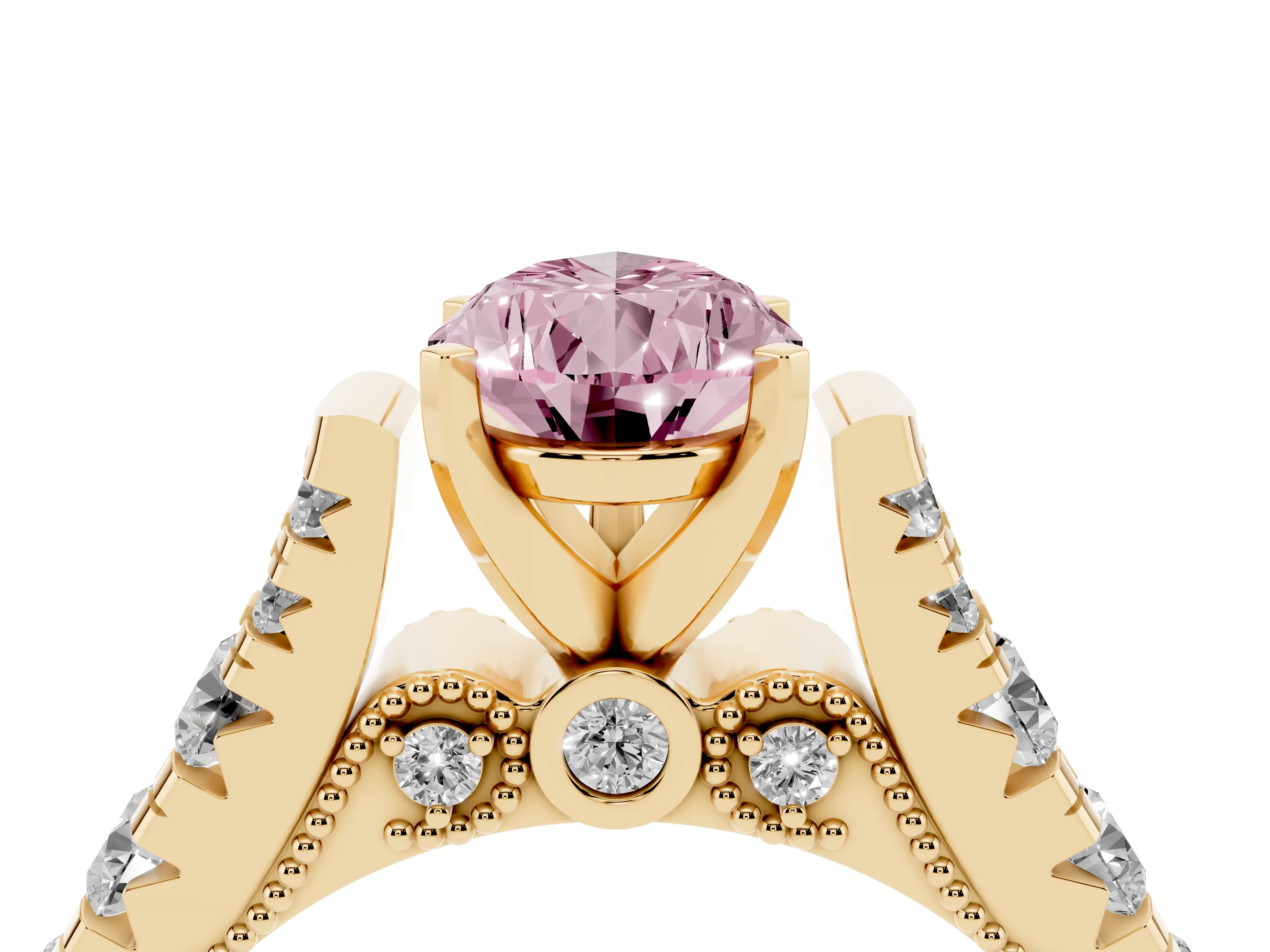 Fancy Pink Pear Cut Diamond Classic Solitaire Ring Set in Yellow gold with Pavé Band and Prong Setting