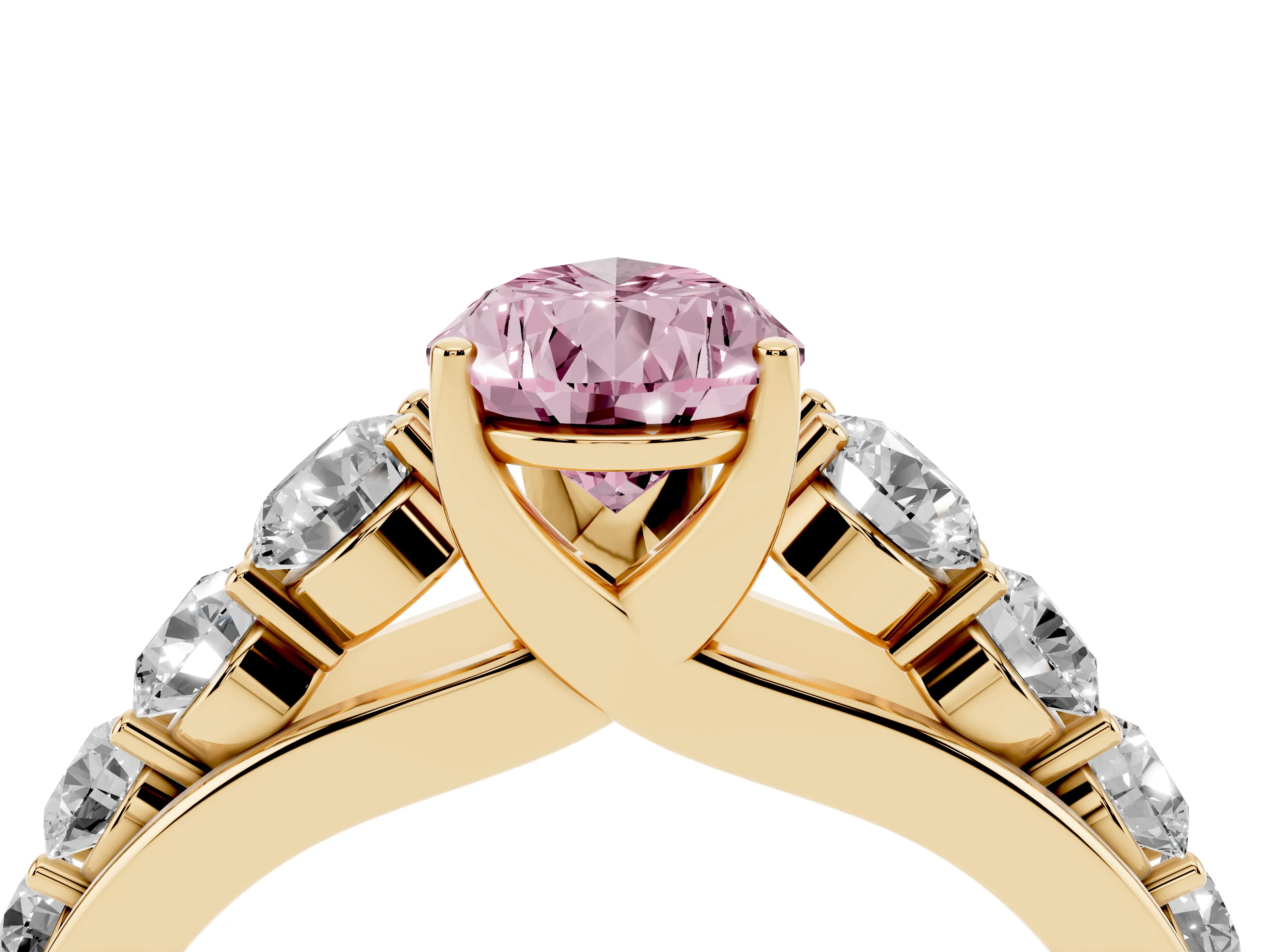 Fancy Pink Pear Cut Diamond Solitaire Ring Set in Yellow gold with Pavé-Set Band and Prong Setting