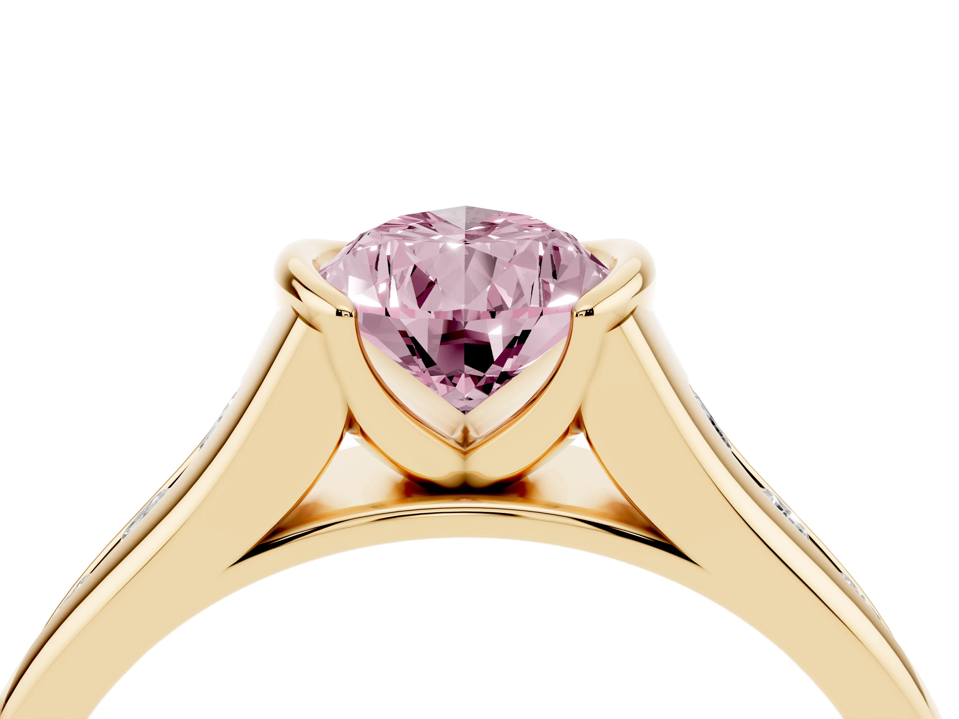 Fancy Pink Pear Cut Diamond Bezel-Set Solitaire Ring Set in Yellow gold with Channel-Set Band