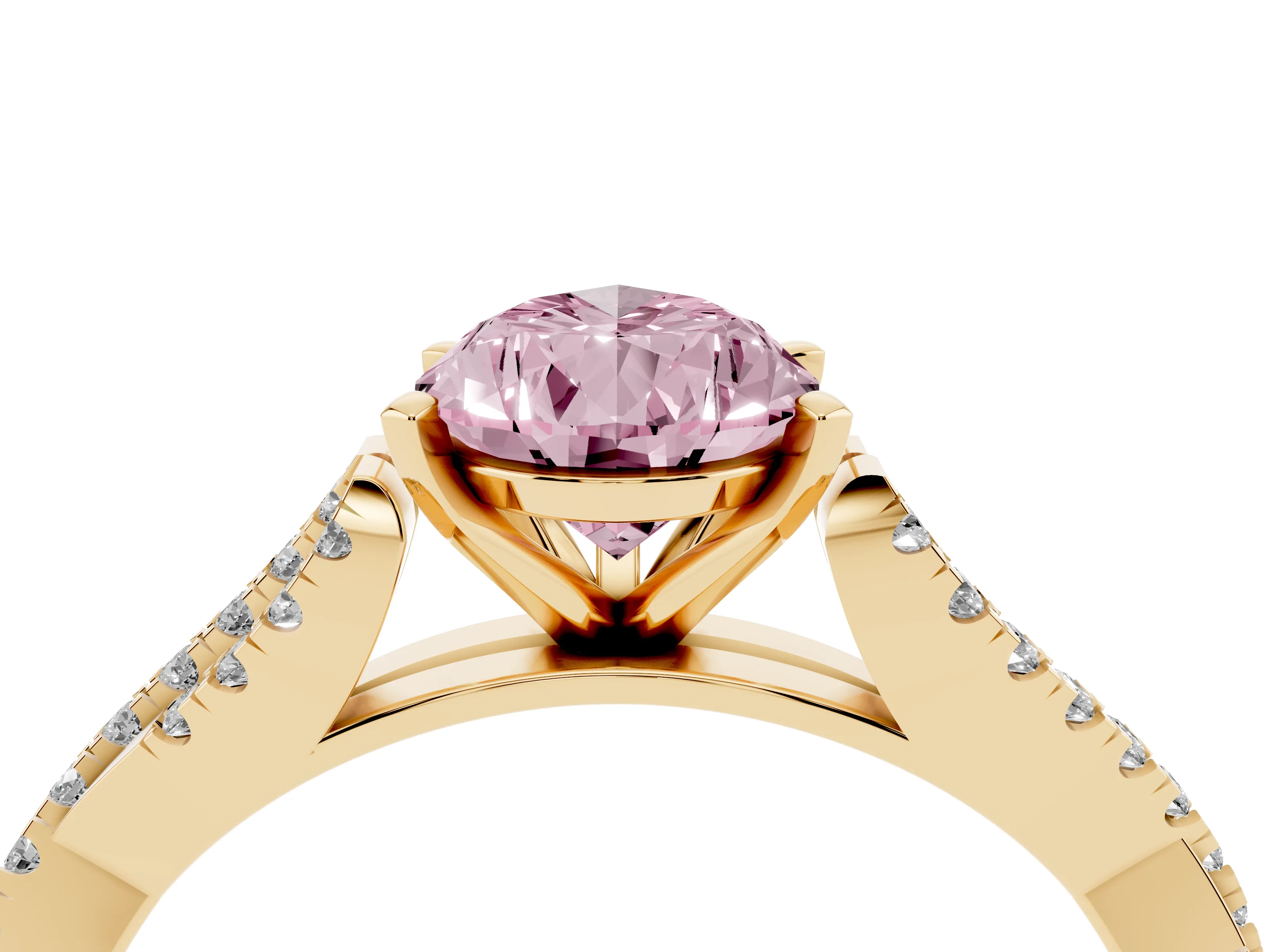 Fancy Pink Pear Cut Diamond Solitaire Engagement Ring Set in Yellow gold with Twisted Pavé Band and Prong Setting