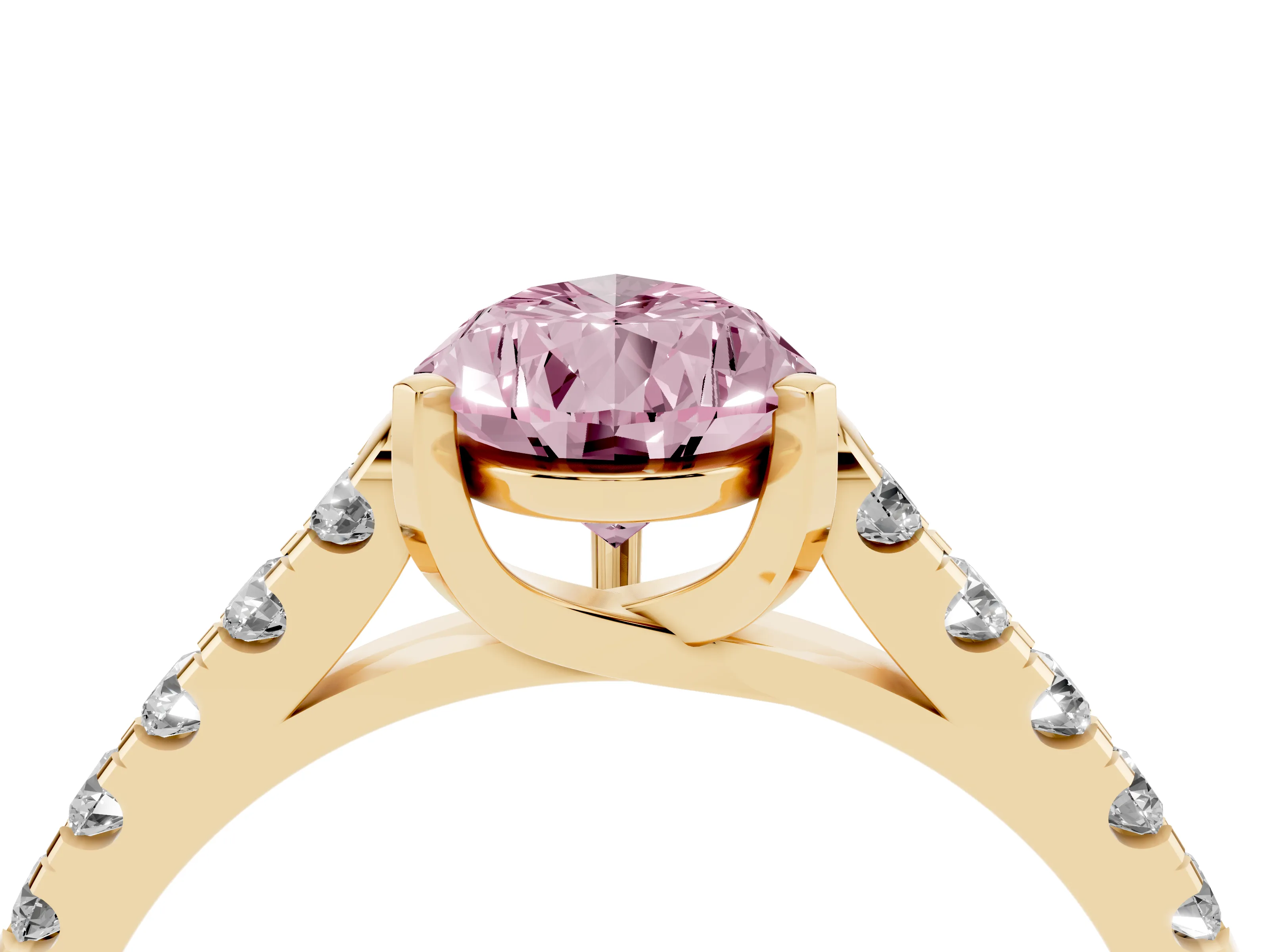 Fancy Pink Pear Cut Diamond Pavé Band Solitaire Ring Set in Yellow gold with Partway Accent Stones and Prong Setting