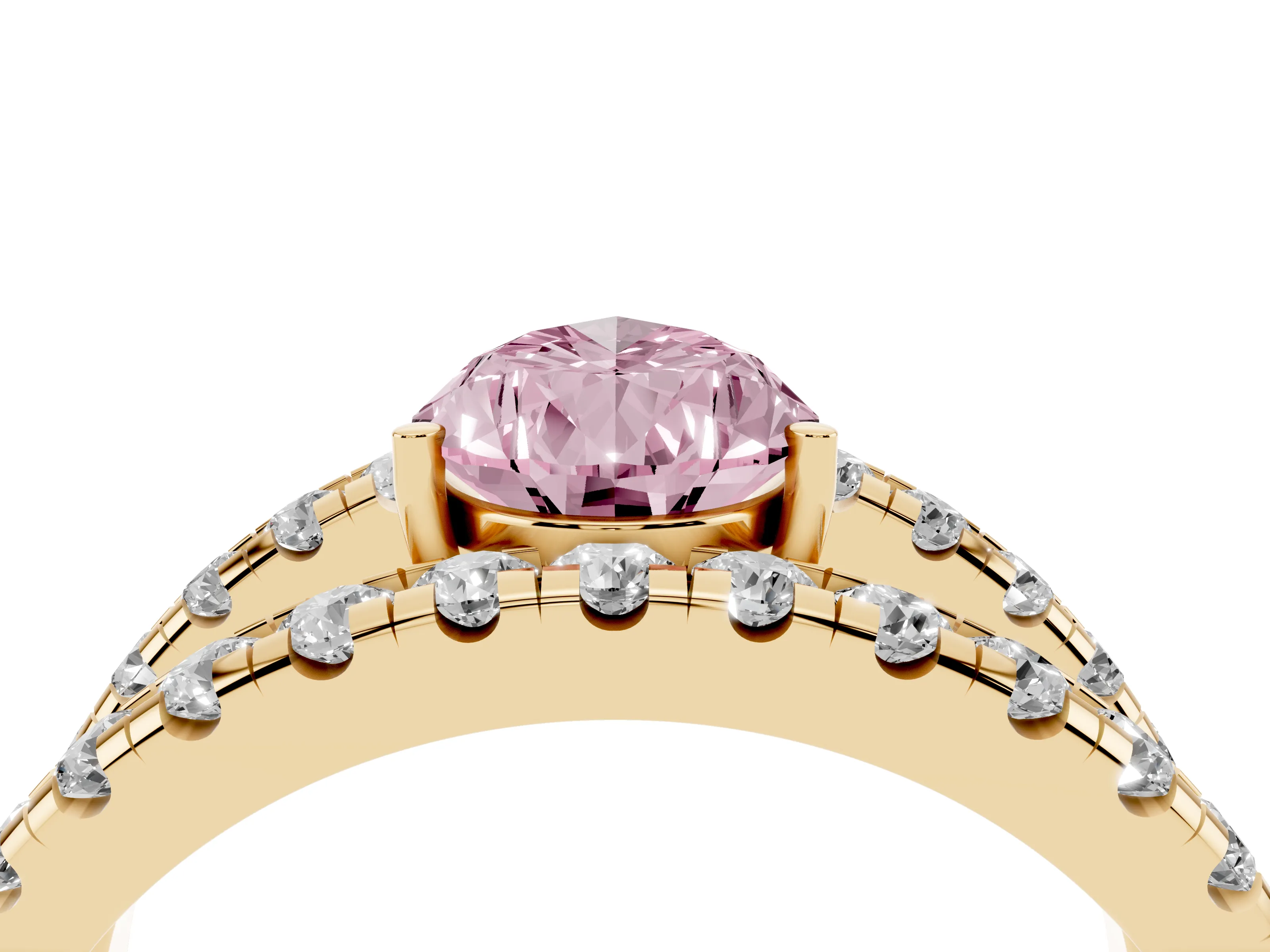 Fancy Pink Pear Cut Diamond Split Shank Pavé Solitaire Ring Set in Yellow gold with Open Shank Design