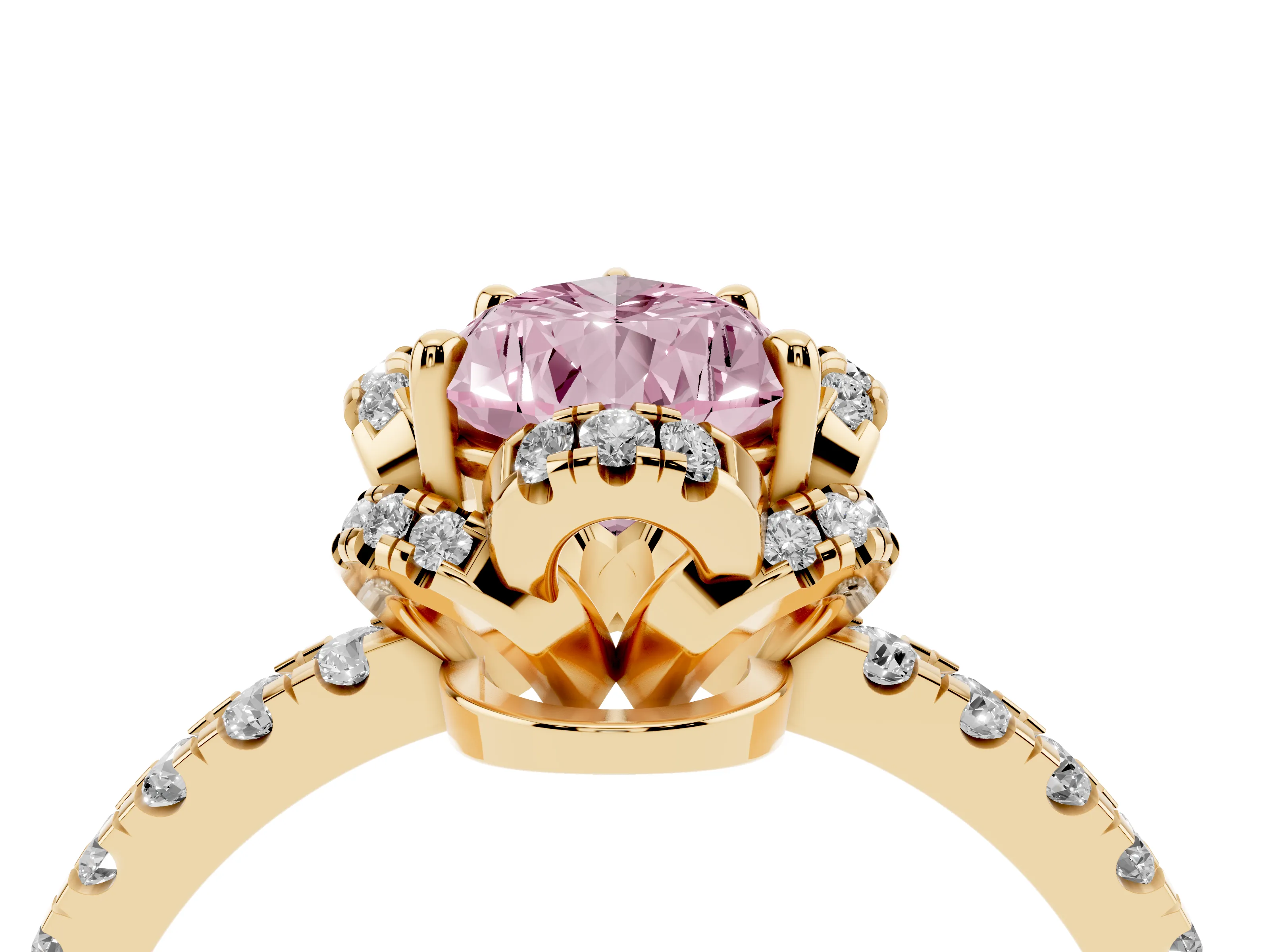 Fancy Pink Pear Cut Diamond Halo Pavé Band Ring Set in Yellow gold with Prong-Held Center