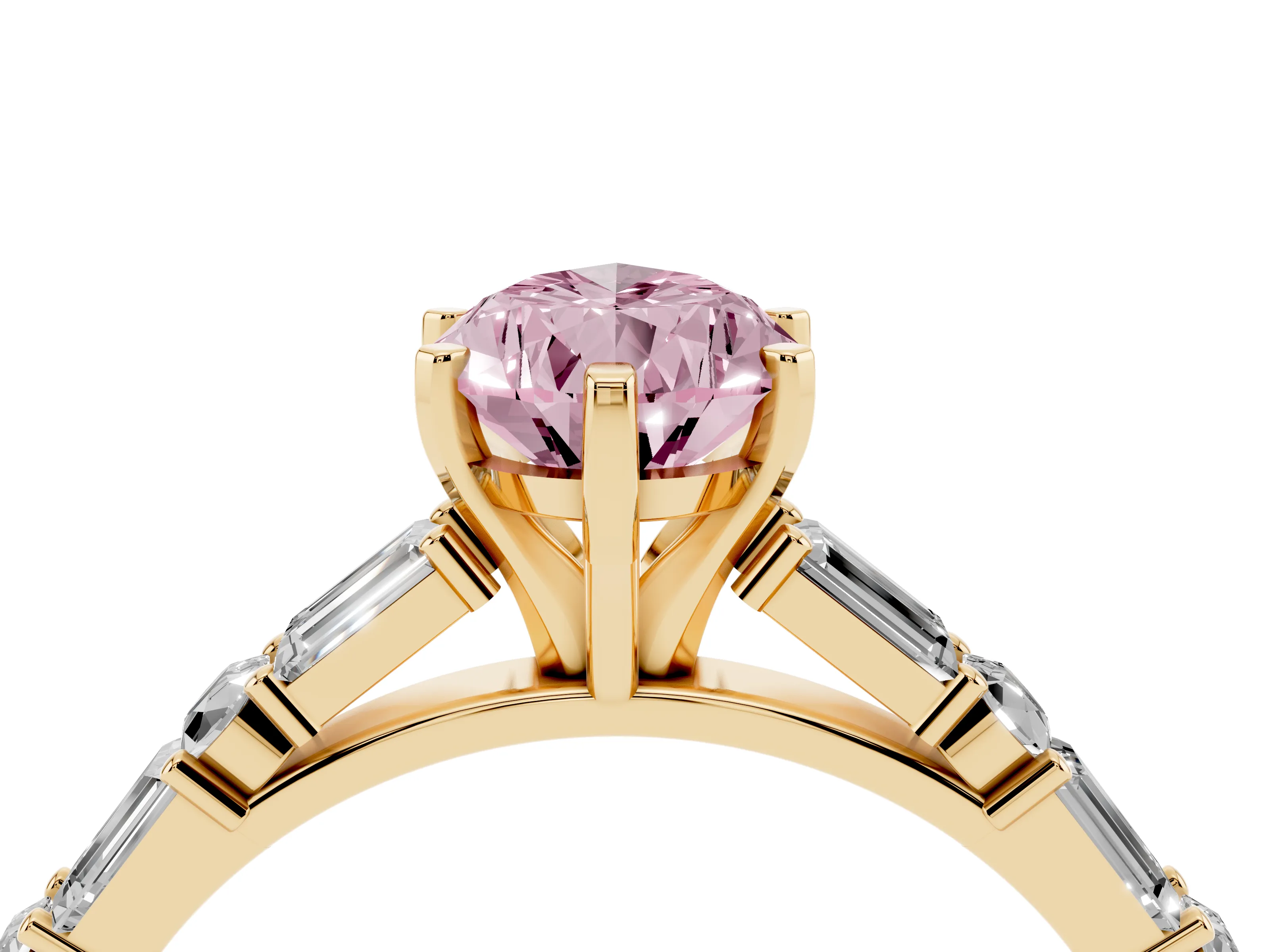 Fancy Pink Pear Cut Diamond Solitaire Set in Yellow gold with Side Baguettes and Channel Set Band