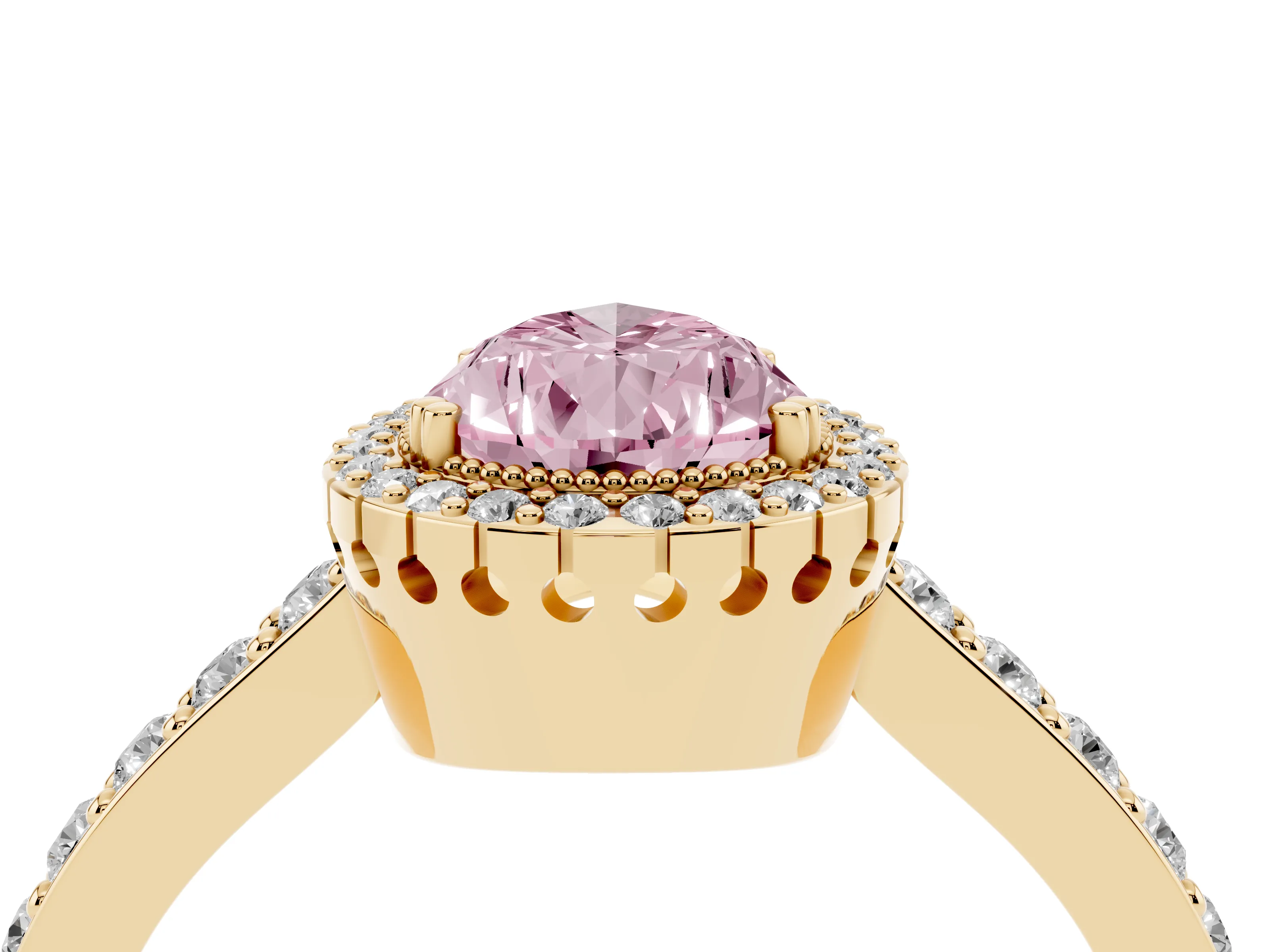 Fancy Pink Pear Cut Diamond Halo Engagement Ring Set in Yellow gold with Milgrain Detail and Pavé Band