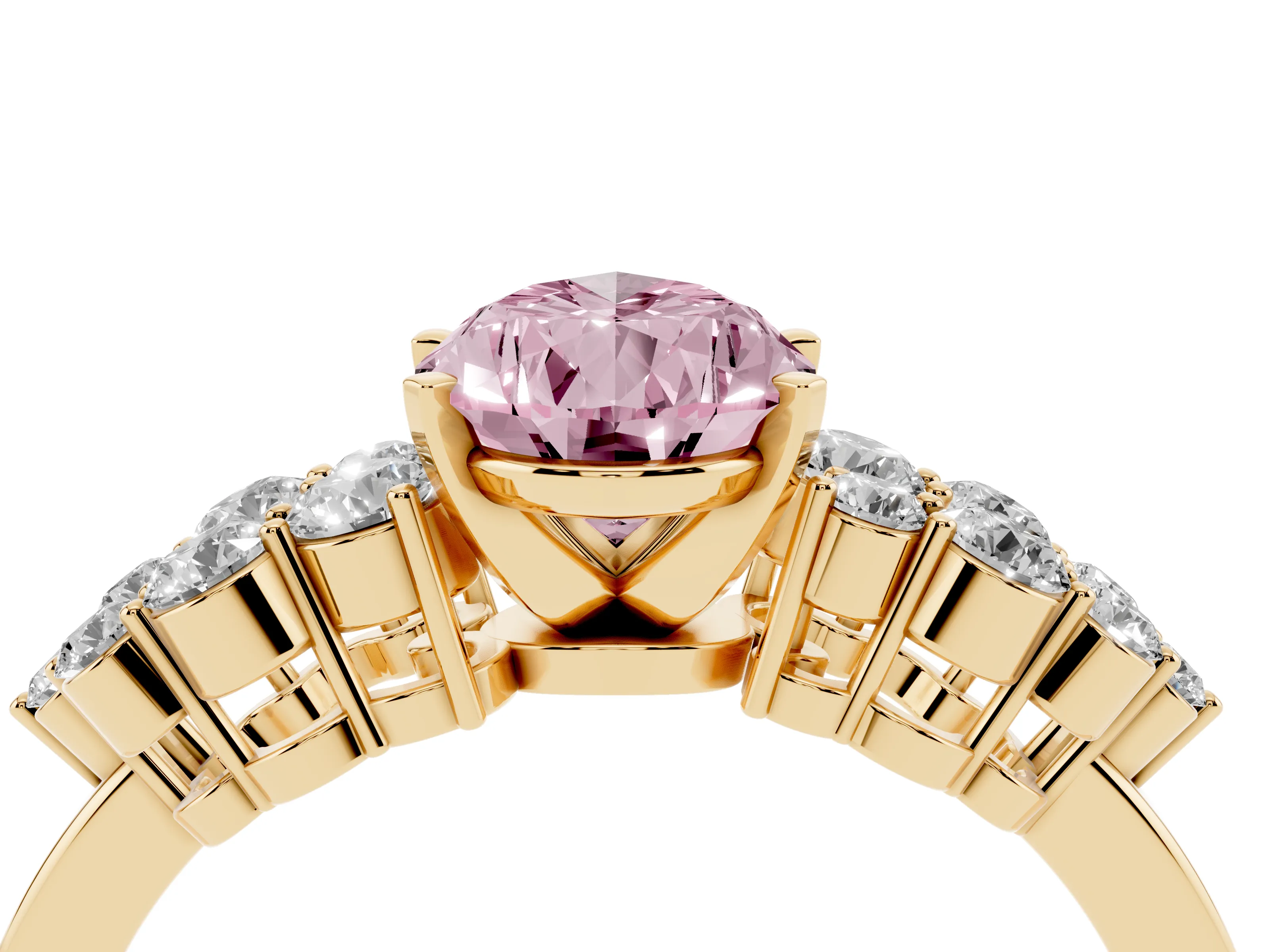 Fancy Pink Pear Cut Diamond Cluster Engagement Ring Set in Yellow gold with Pavé Band and Prong Setting