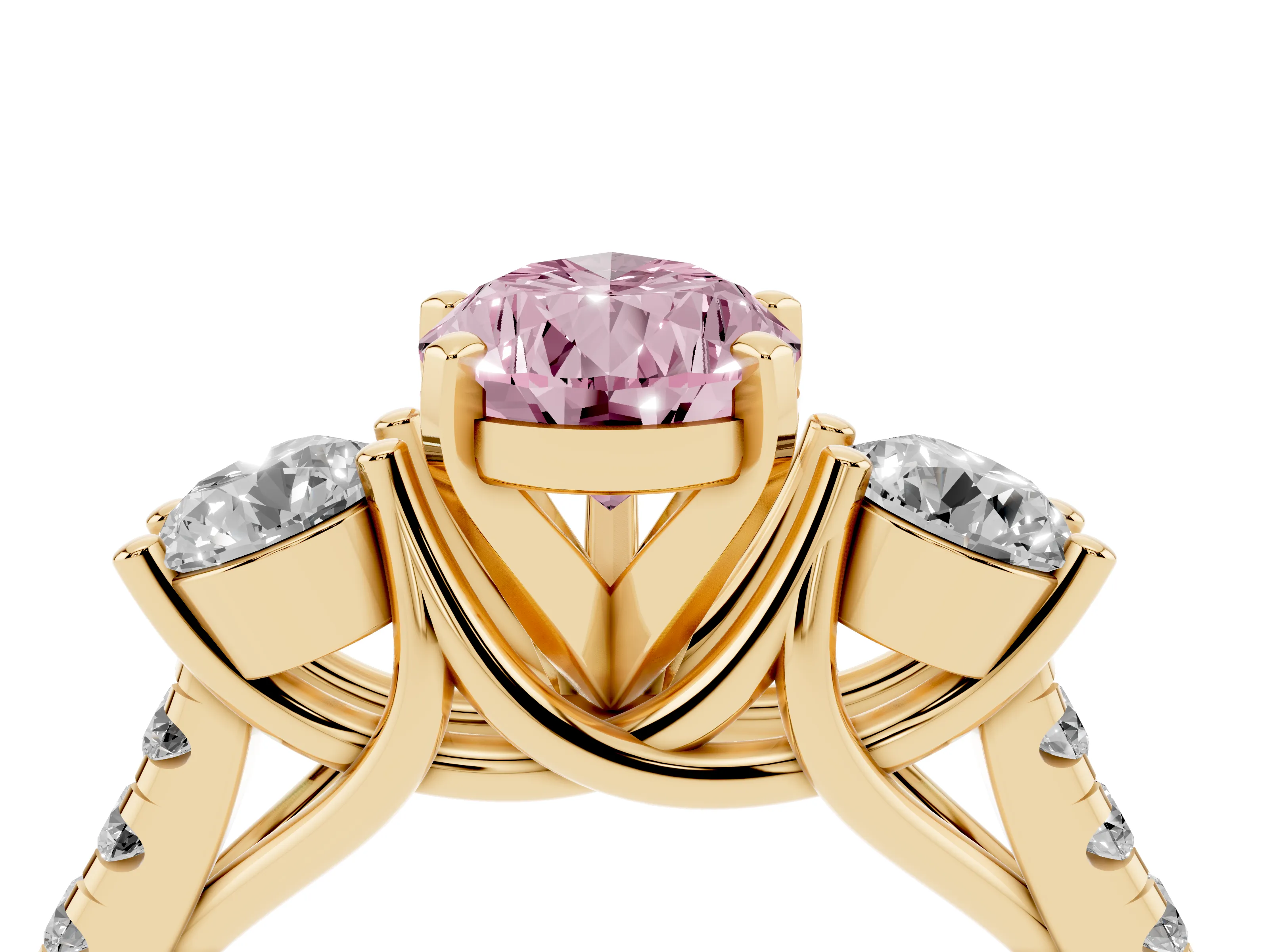 Fancy Pink Three-Stone Pear Cut Diamond Pavé Band Ring Set in Yellow gold with Prong-Set Trio