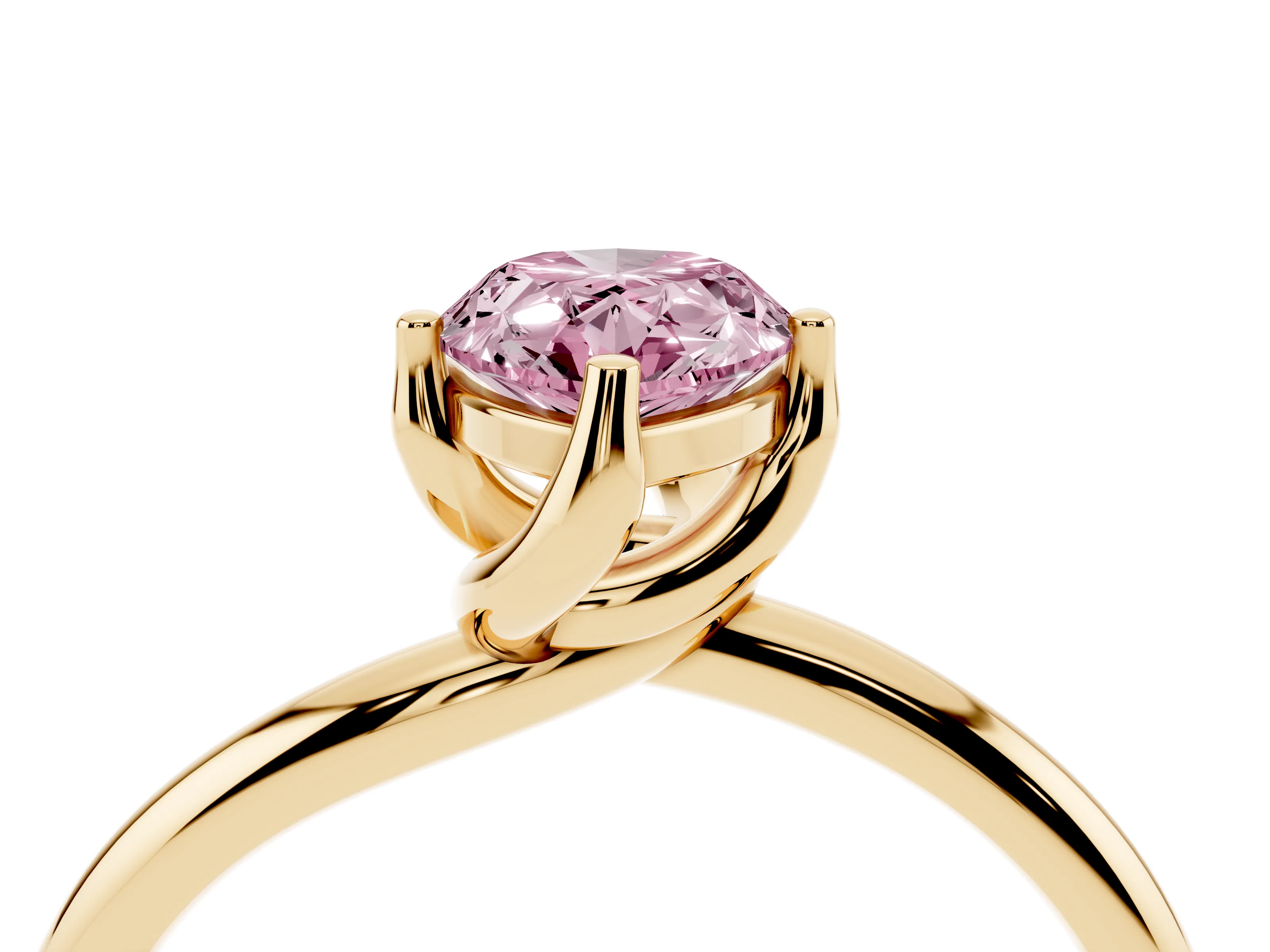 Fancy Pink Pear Cut Diamond Solitaire Engagement Ring Set in Yellow gold with Classic Plain Band